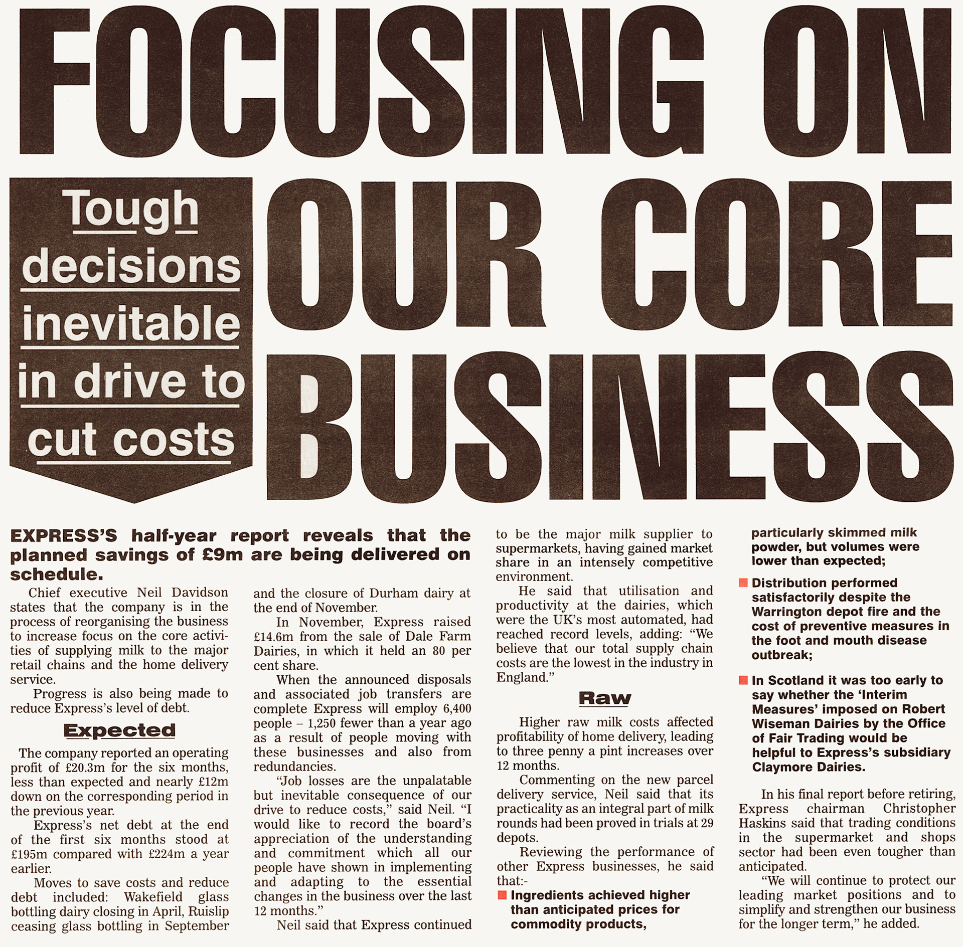 1999 Neil Davidson reports financial results, and proposed Glanbia takeover. June 1999 Express News. (Courtesy Michael Aldread)