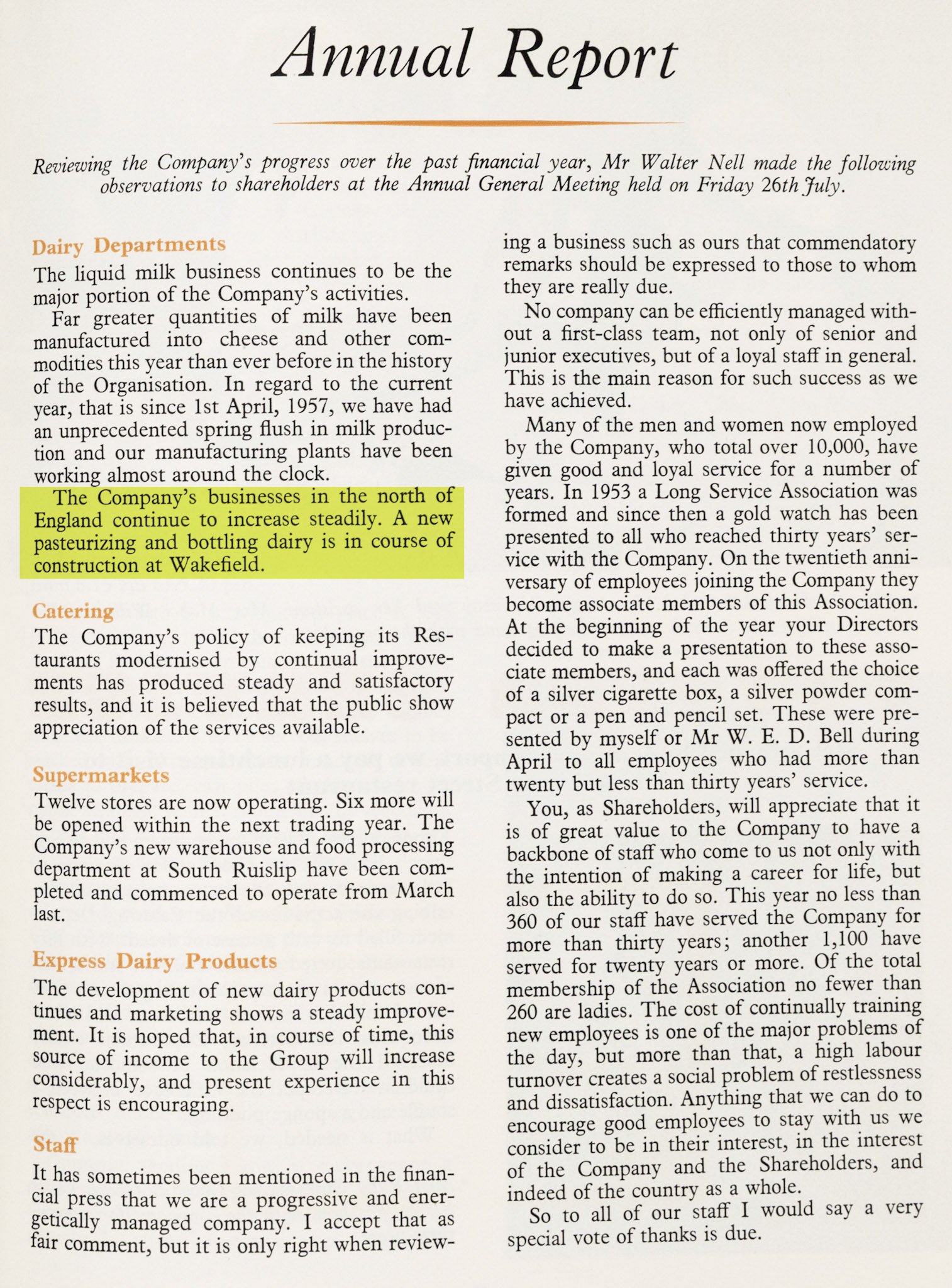 1957 Walter Nell's annual report mentions the construction of Wakefield Dairy. (Express News Autumn)