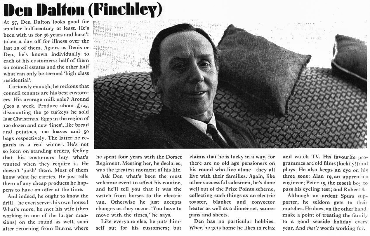 1969 Den Dalton, Finchley. Express News article profiling milkmen from different depots (Express News-Spring)