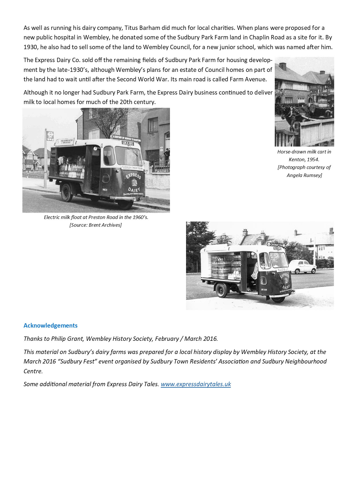 Sudbury Park Farm History, prepared from information from Philip Grant, Wembley History Society