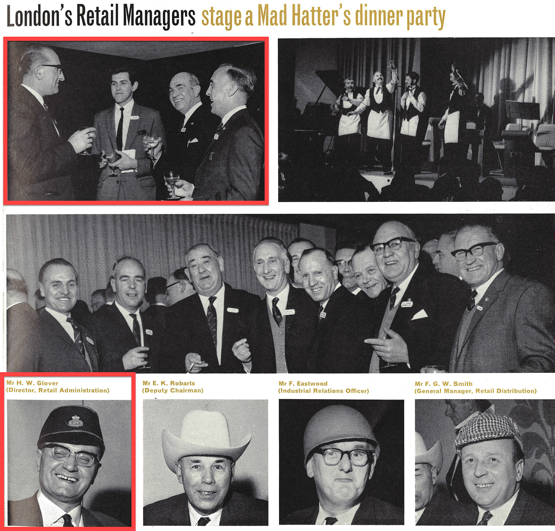 1966 H.W. GLOVER with Chris Austen attending a London Retail Managers' function, as a Mad Hatter's dinner party.