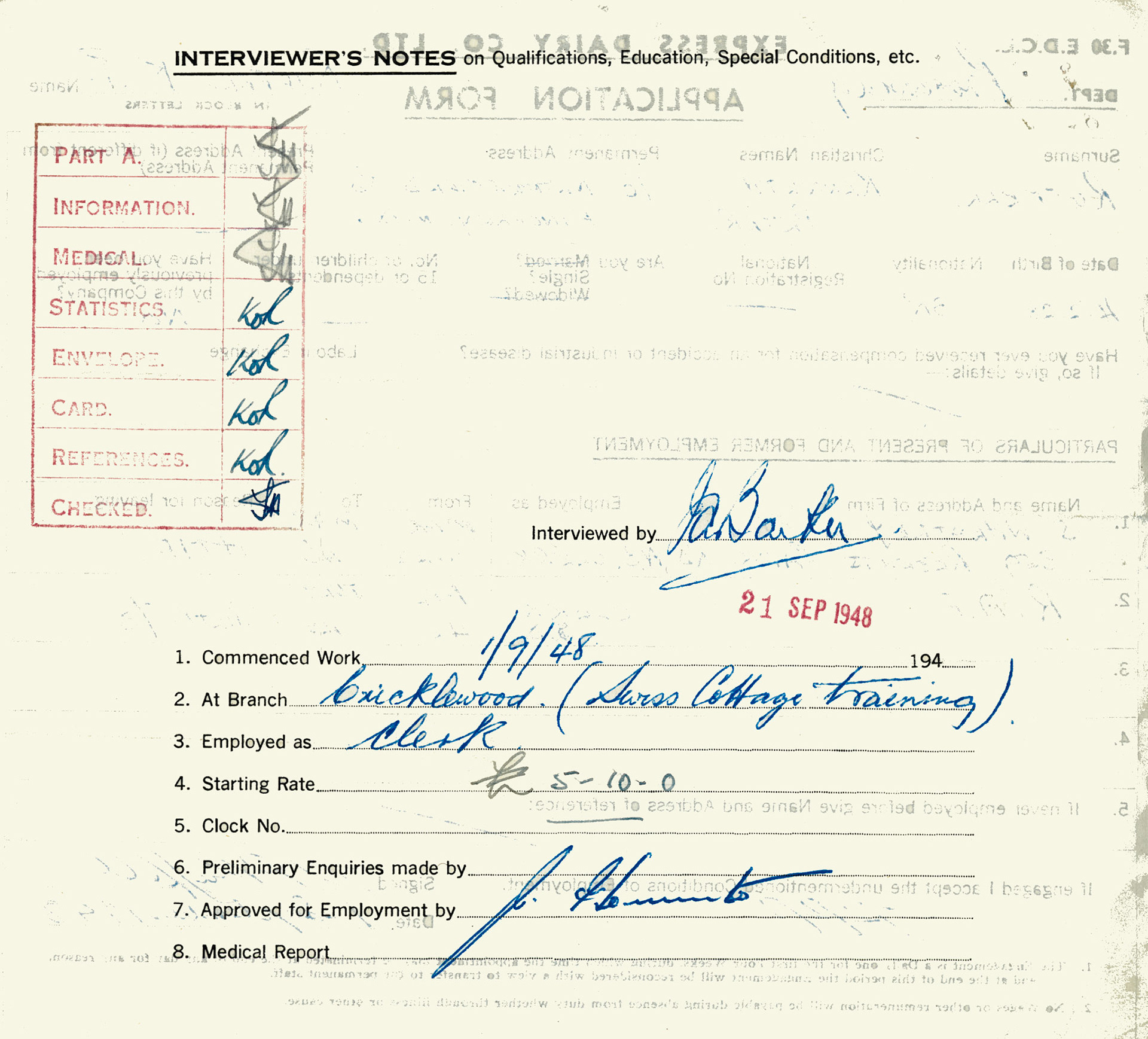 1948 Cricklewood staff application for Kenneth Ruffell, employed as Clerk. (Courtesy Mark Hudson)