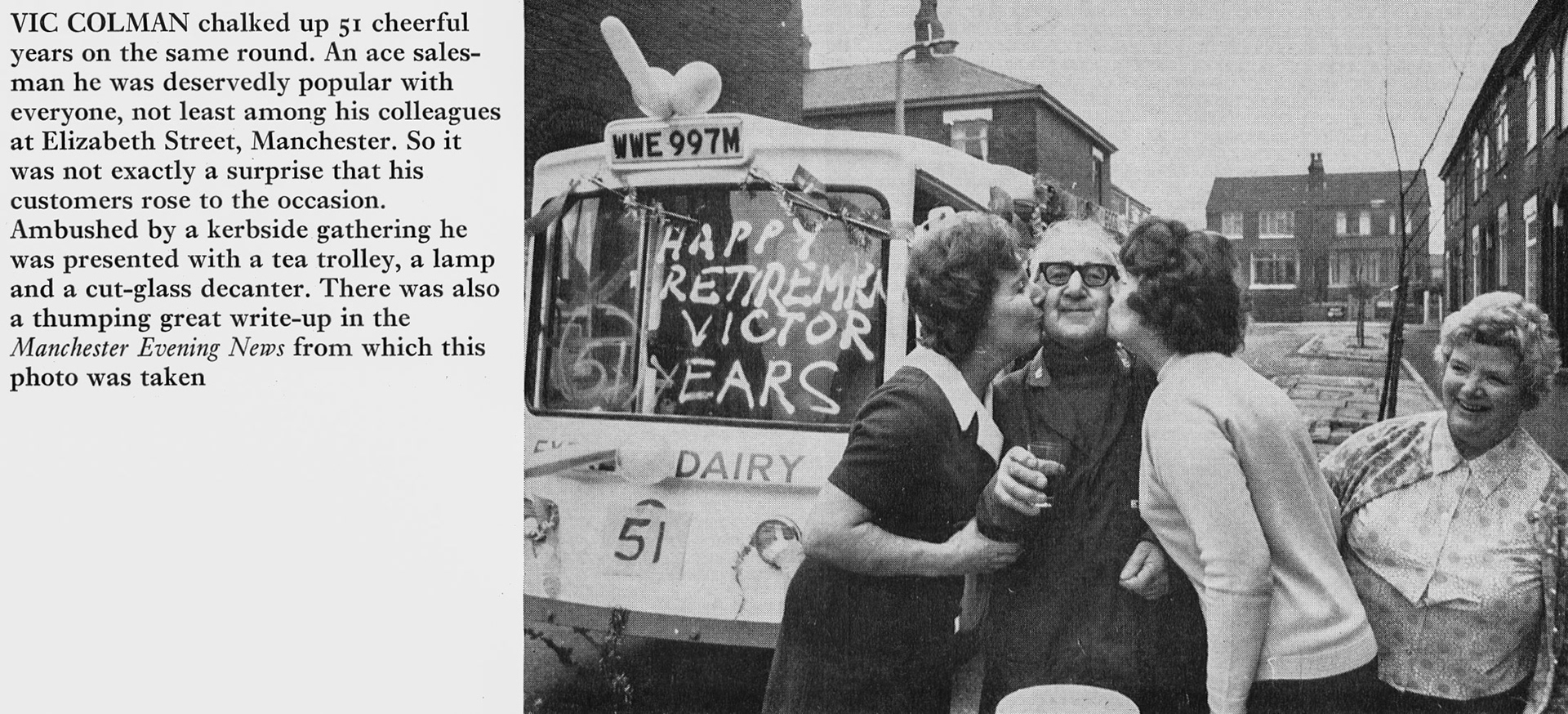 1974 Elizabeth Street, Manchester milkman Vic Colman retires after 51 years. (Express News Summer)