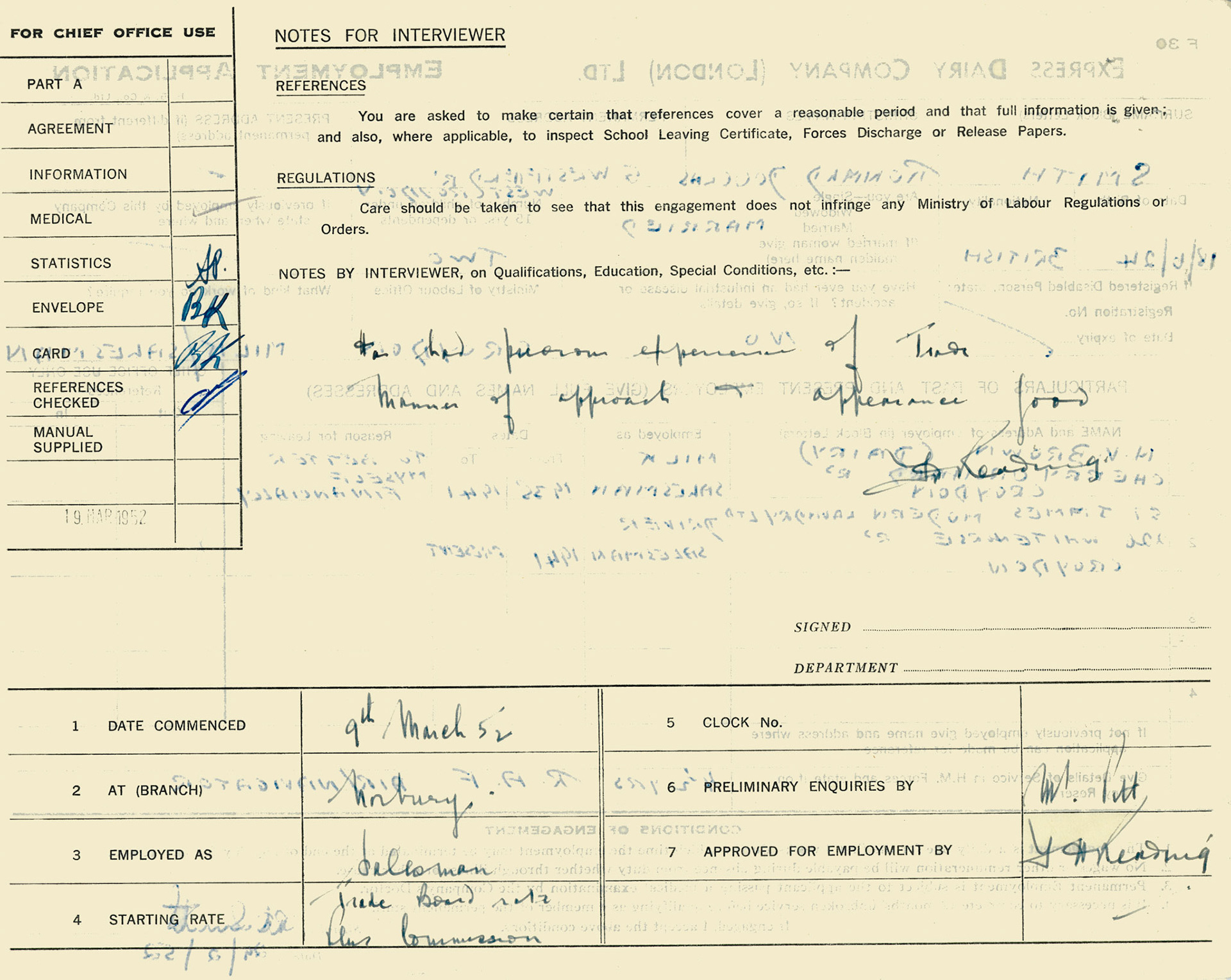 1952 Employment application as milkman by Ronald Smith, previously employed by H.V. Brown as a milk salesman, employed by Express at Norbury Depot. (Courtesy Mark Hudson)