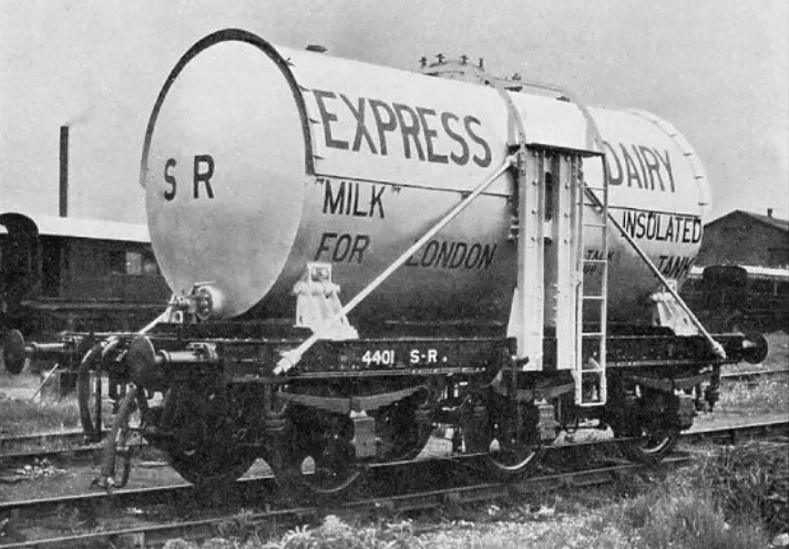 1933 Glass-Lined Milk Tank. Matthew Pinto comments "Interesting milk tank, one of just 3 built by the SR with a unique "central vice" design. This photo also shows a famous mis-paint as the tank was actually numbered 4410 but several promotional photos exist of it running as 4401 (which was actually an older 4-wheeled tank). Illustration from 'The Milk Trade, A Comprehensive Guide to the Development of the Dairy Industry' edited by C Raison (Virtue, c 1933)