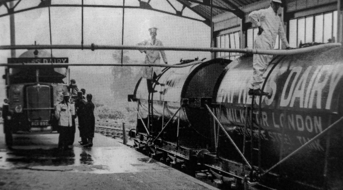 1930's Express Dairy Rowsley. Road milk tanker and Rail milk tanker. The milk will have been picked up in Derbyshire and/or Staffordshire and appears to be being transferred to a rail tanker destined for Manchester or London." Graham Serrell comments "Used to be a regular service to London from Rowsley Yard". (Courtesy Alan Salt)