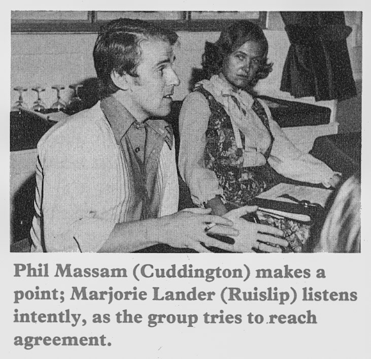 1980 Management Training at the Hind Hotel, Wellingborough. Phil Massam from Cuddington, and Marjorie Lander from Ruislip.  (January Express News)
