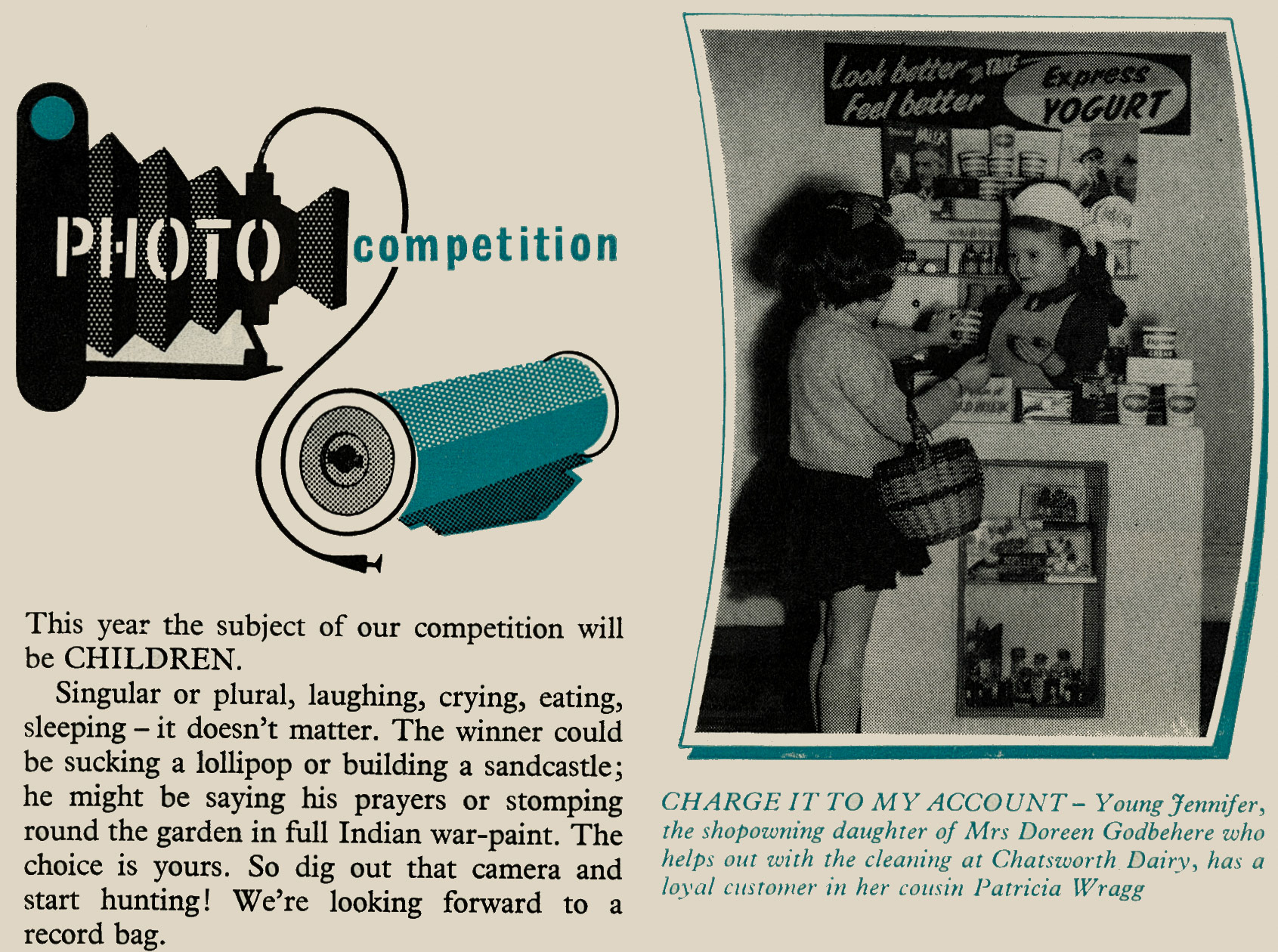 1958 Photo competition features children, with family members of Mrs Doreen Godbehere from Chatsworth Dairy. (Express News July)