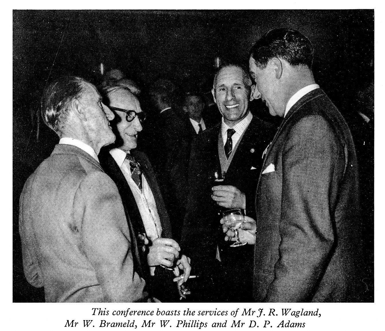1961 Long Service Dinner at The Grosvenor Rooms, Mr J.R. Wagland (Hendon Quadrant), Mr W. Brameld (Hendon Quadrant), Mr W. Phillips (Neasden) and Mr D.P. Adams (Hendon Quadrant). (LSA Annual Review)