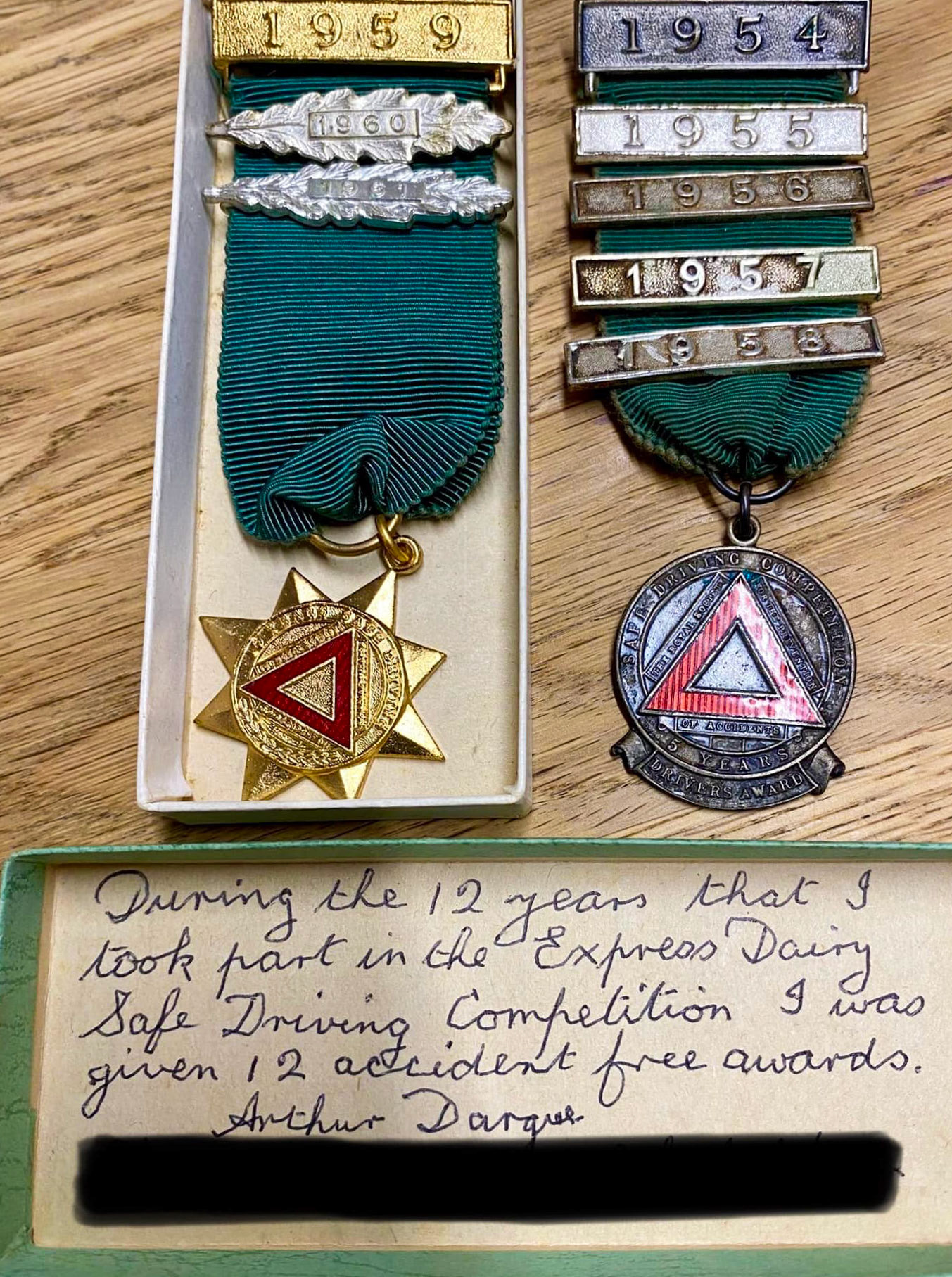 1950's, Arthur Dargue safe driving awards. Iain Dargue comments "My late father’s safe driving 'medals' from his time at Express Appleby; he says in his note that he got 12 altogether, but they either stopped giving the pins after 1961 or he never got around to attaching the other four" Marion Richardson comments "Well done Uncle Arthur, what a great achievement" and Pauline Grimes adds "These are fabulous Iain, something to treasure and be proud of... aww my Dads cousin Arthur’s driving awards, lovely xx". Karl Richardson adds "Well done Great Uncle Arthur" (Courtesy Iain Dargue)