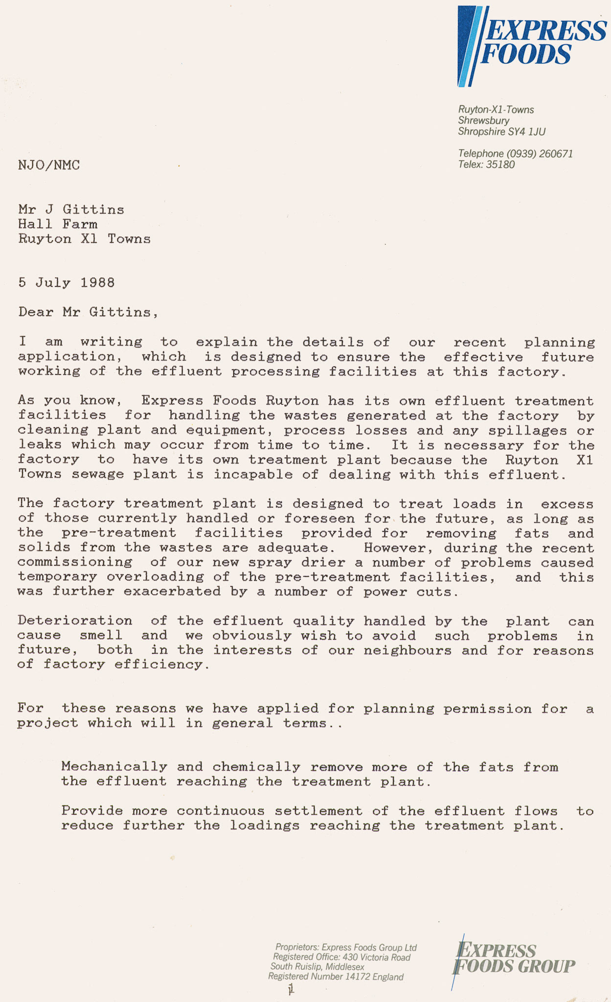 1988 letter from Express Foods to Mr J Gittings, Hall Farm, giving details of the planning application for extension of the effluent plant and suggesting a working party to include Parish Councillors.  Ruyton Co-operative Dairies Archive)