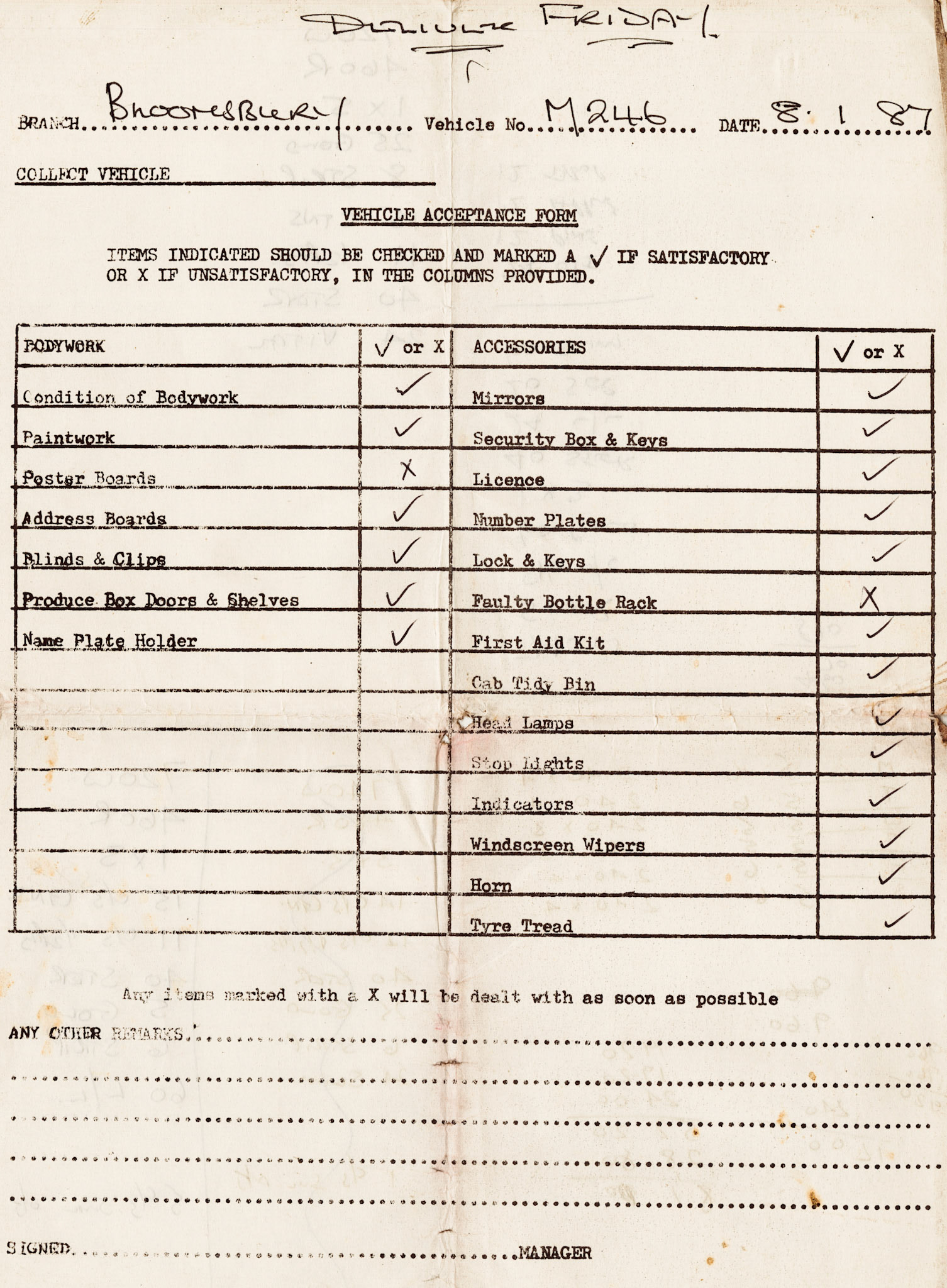 1980's Electric Vehicle Maintenance Depot vehicle acceptance form (Courtesy Michael Aldread)