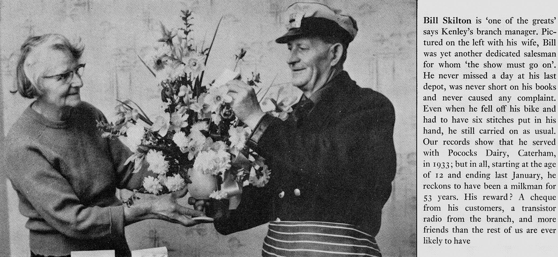 1969 Kenley roundsman Bill Skilton with his wife, retiring after 53 years. (Express News Spring)