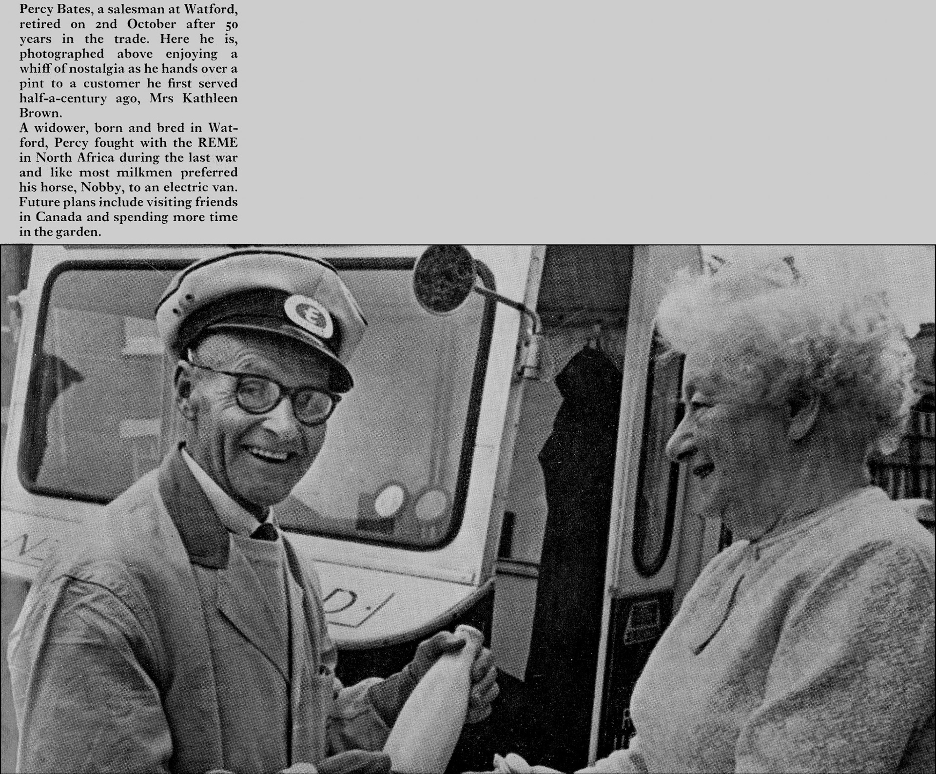 1969 Watford salesman Percy Bates retires after 50 years, with a customer Kathleen Brown that he served throughout that time. (Express News Christmas)