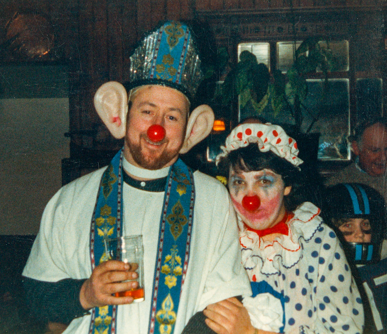 1988 Honiton staff (Stuart Luxton &amp; Sheila Keywood) celebrate the first Red Nose Day, Fountain Head Inn, Branscombe, Devon. (Courtesy Tim Pearce)