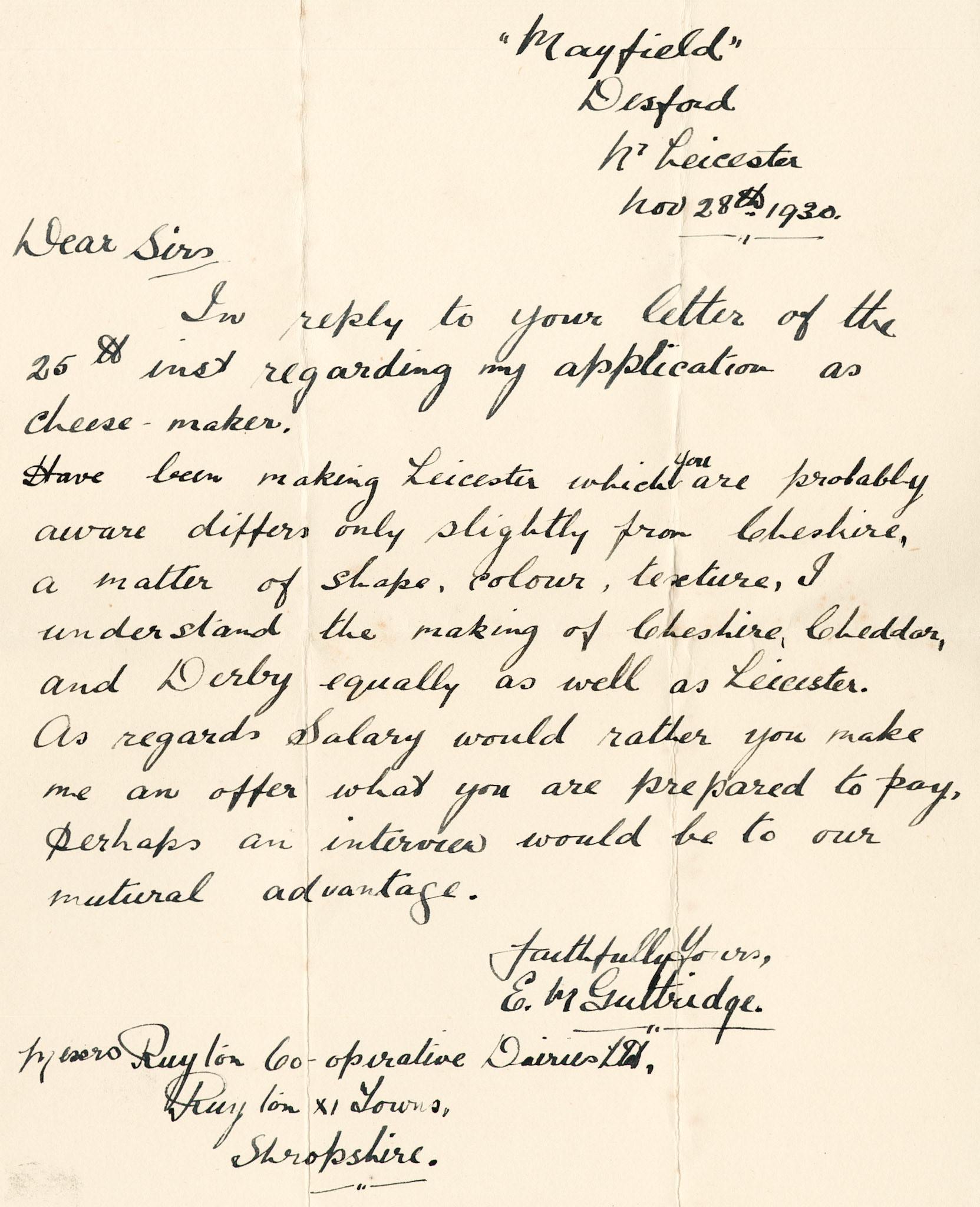 1930 Ruyton Co-operative Dairies-Cheesemaker Job Applications-E.M.Gutthridge