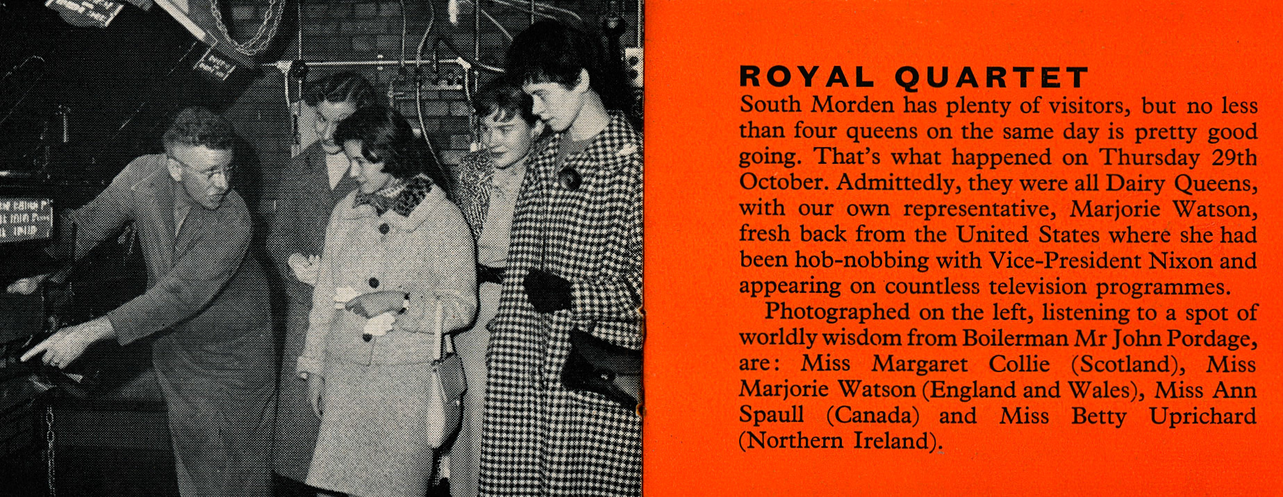 1959 Dairy Queens finding out how boilers work from John Pordage at South Morden Processing