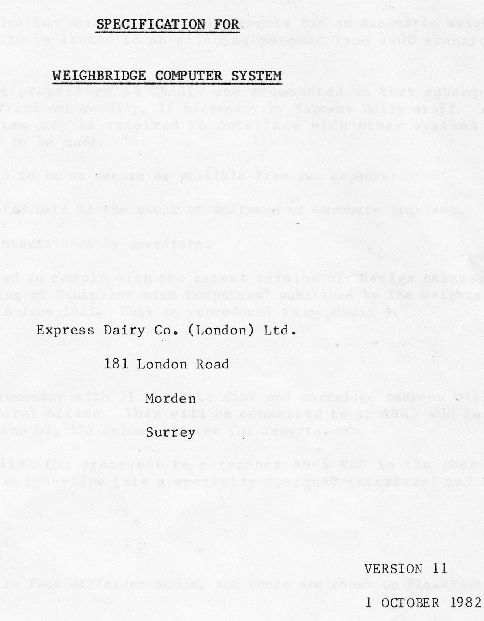 1982 South Morden Weighbridge Computer System Description