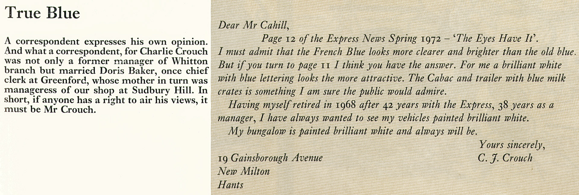 1972 Letter from Charlie Crouch, former manager of Whitton branch who married Doris Baker, ex Chief Clerk at Greenford, whose mother was manageress at Sudbury Hill. (Express News Summer)