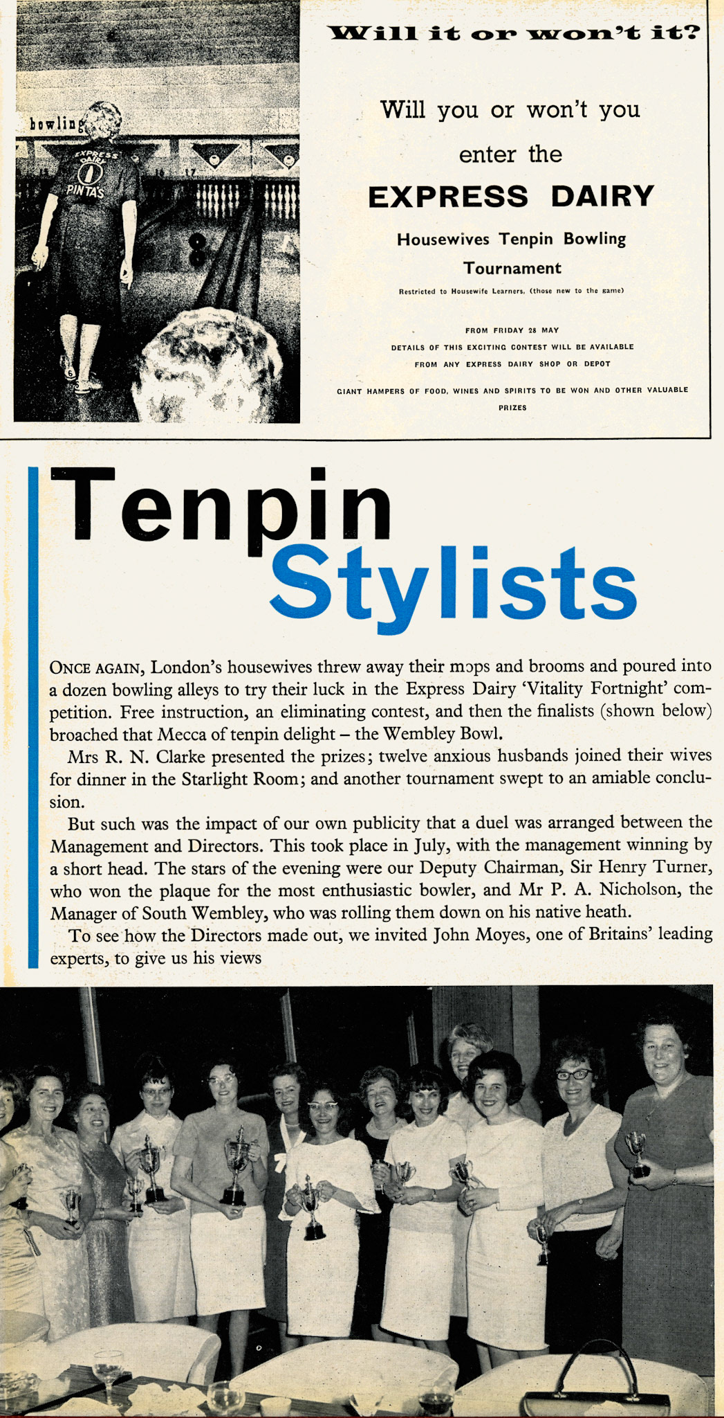 1965 Housewives Ten Pin Bowling Tournament at Wembley (Express News Summer/Autumn)