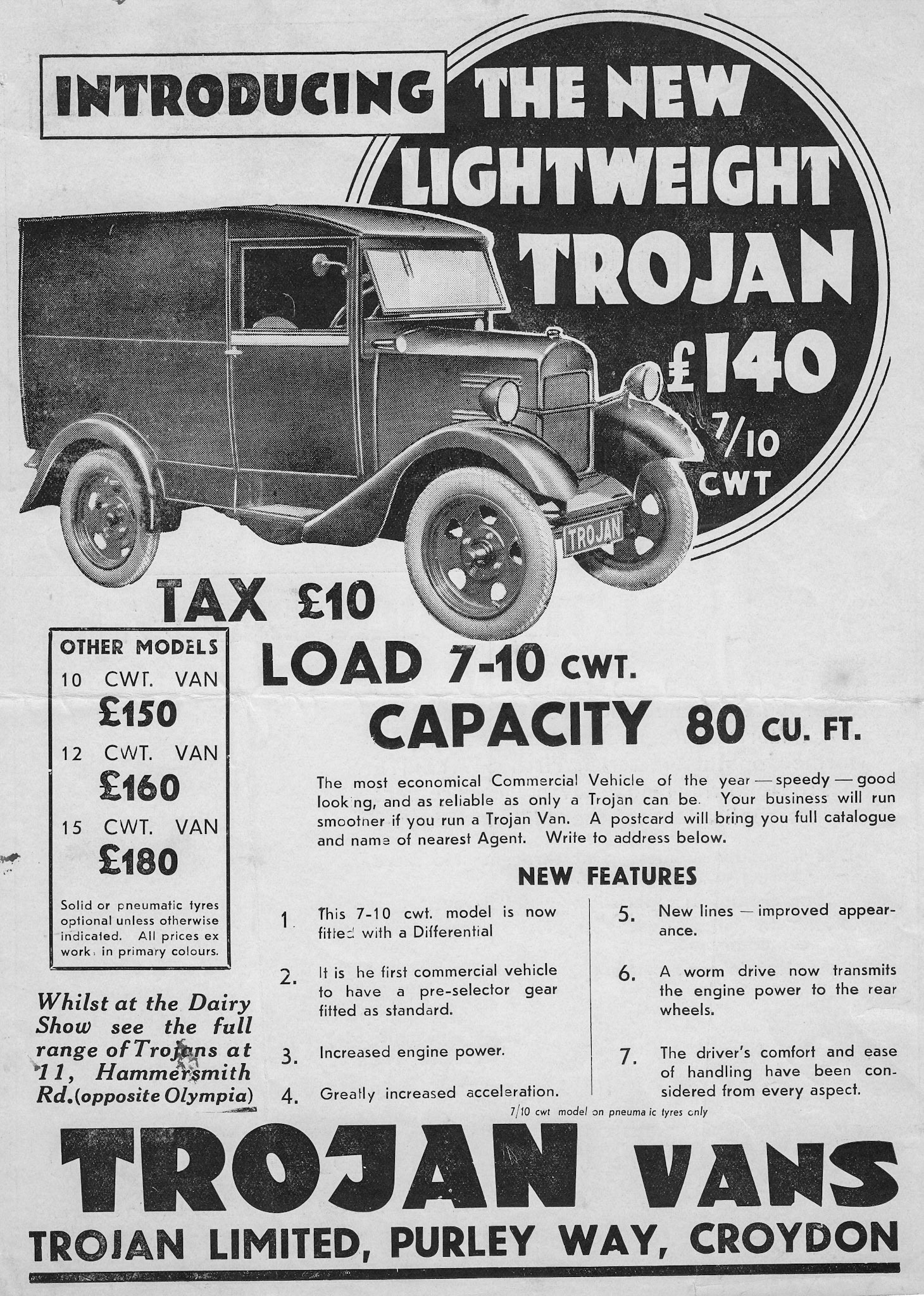 Trojan Advert 'Introducing New Lightweight, whilst at Dairy Show' (Courtesy Trojan Trust)