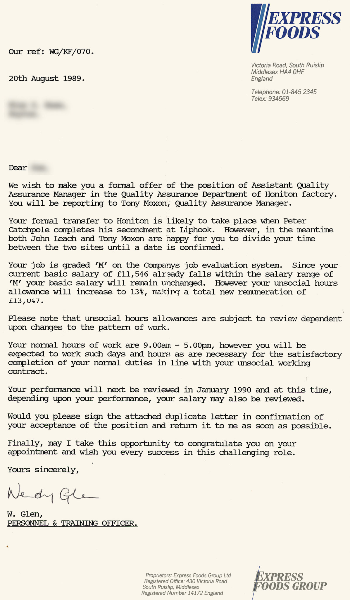 1989 Offer letter for Assistant QA Manager at Honiton, reporting to Tony Moxon, QA Manager. (Courtesy Soo Rose-Cook)