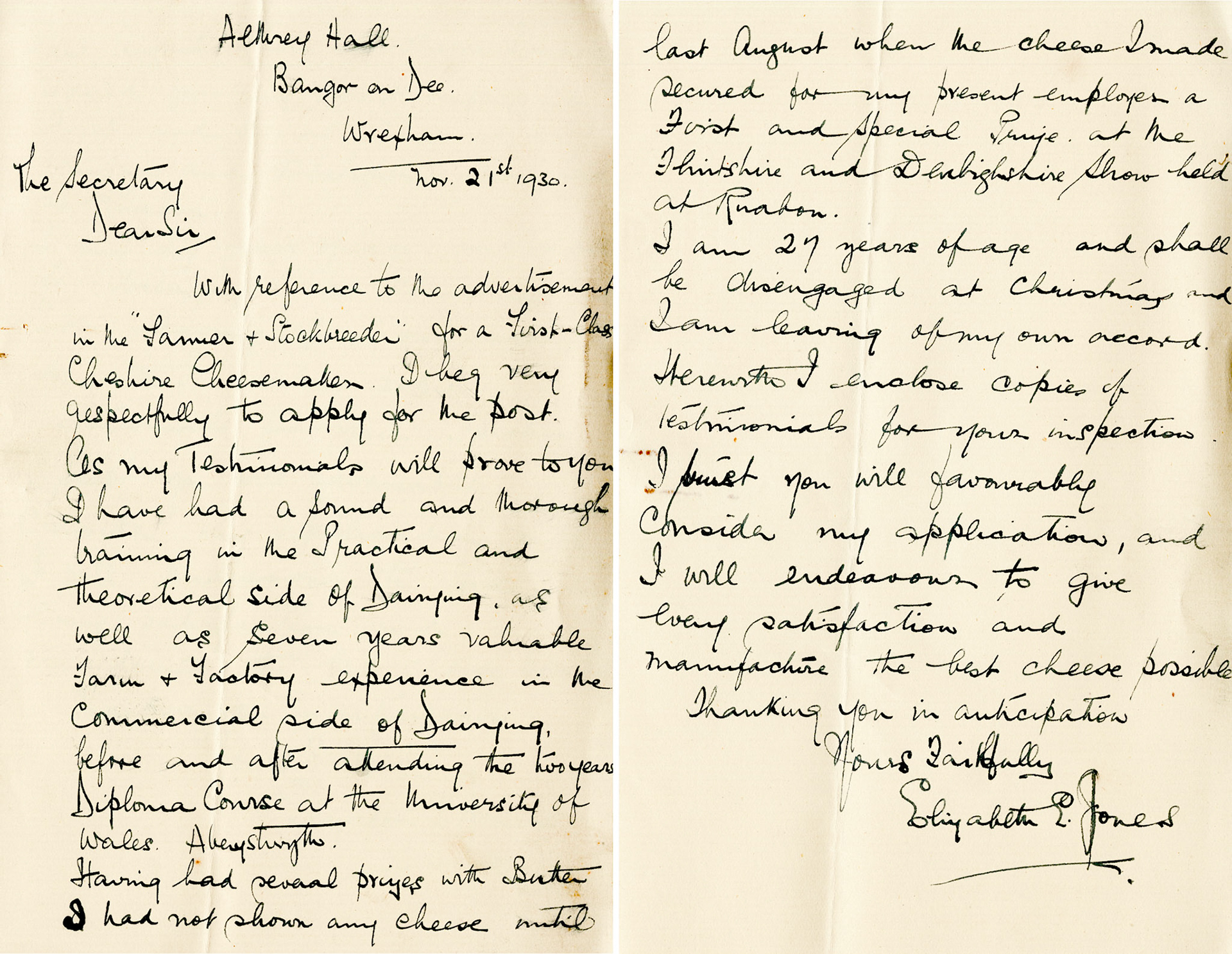 1930 Ruyton Co-operative Dairies-Cheesemaker Job Applications-Miss Emily Elizabeth Jones.