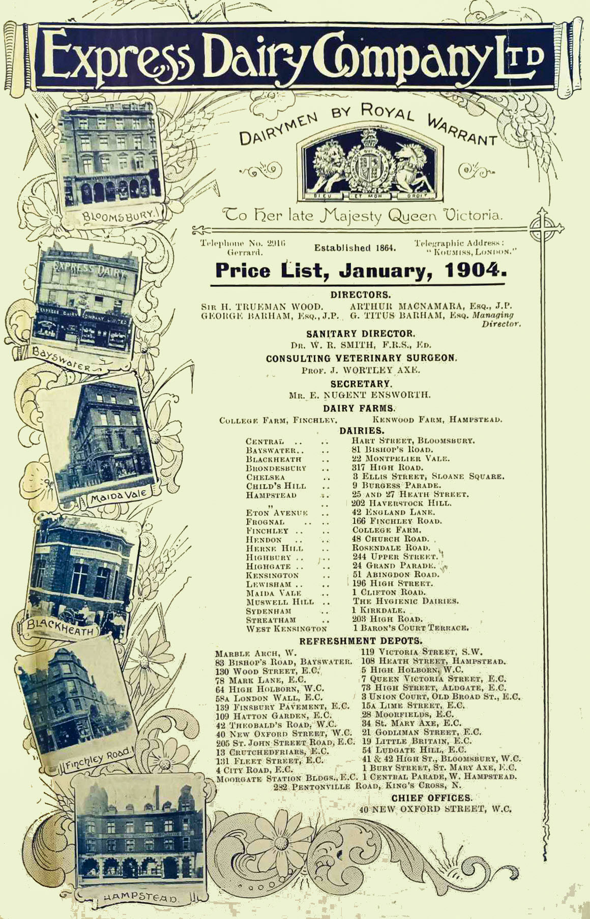 1904 Express 'Price List', listing farms, dairies and 'refreshment depots' at that time. (Courtesy Gerald Croxford)