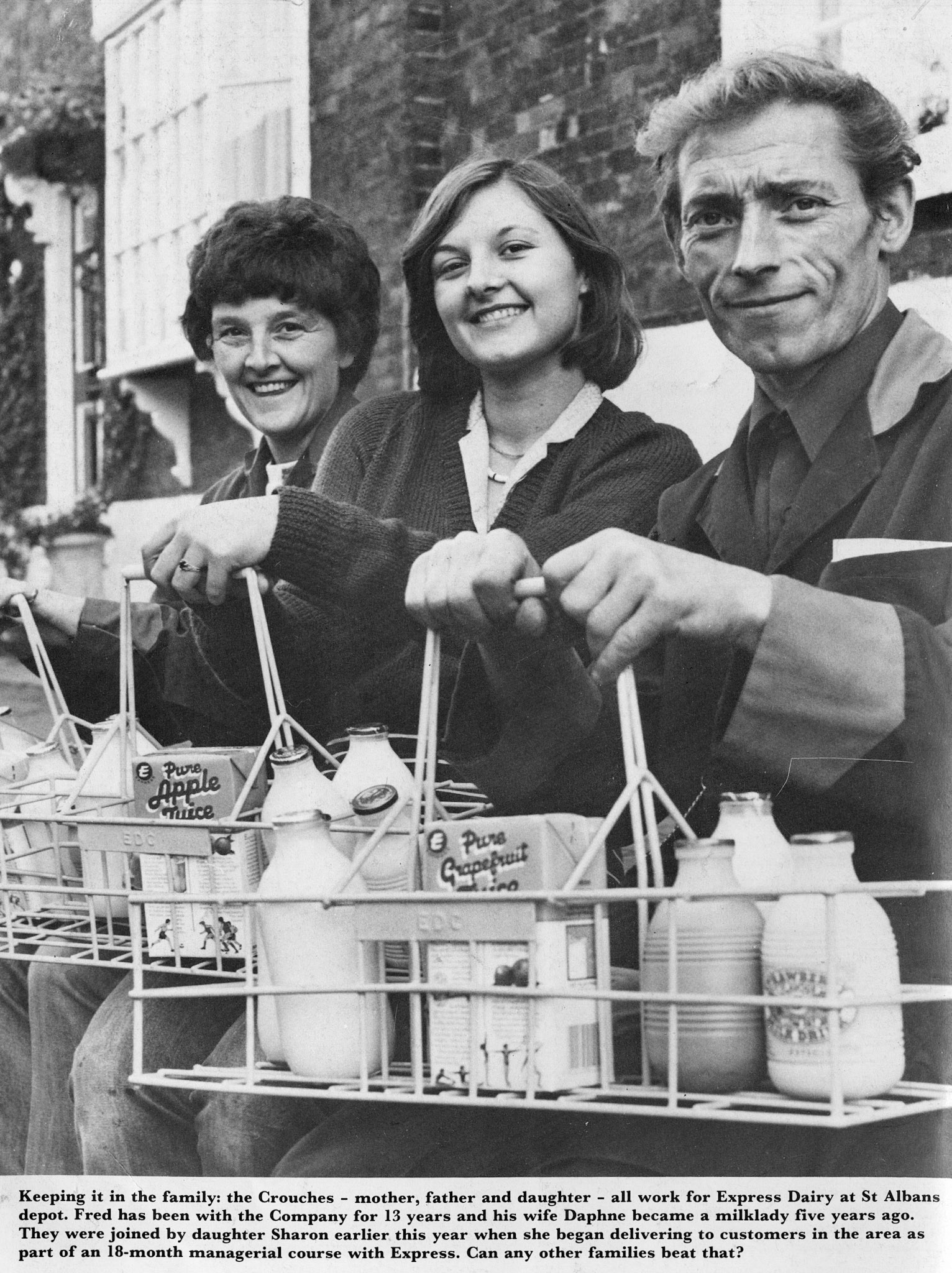 1981 The Crouch family at St Albans Depot. Fred has been with the Company for 13 years and his wife Daphne became a milklady 5 years ago. They were joined by daughter Sharon earlier in the year, as part of a management course with Express