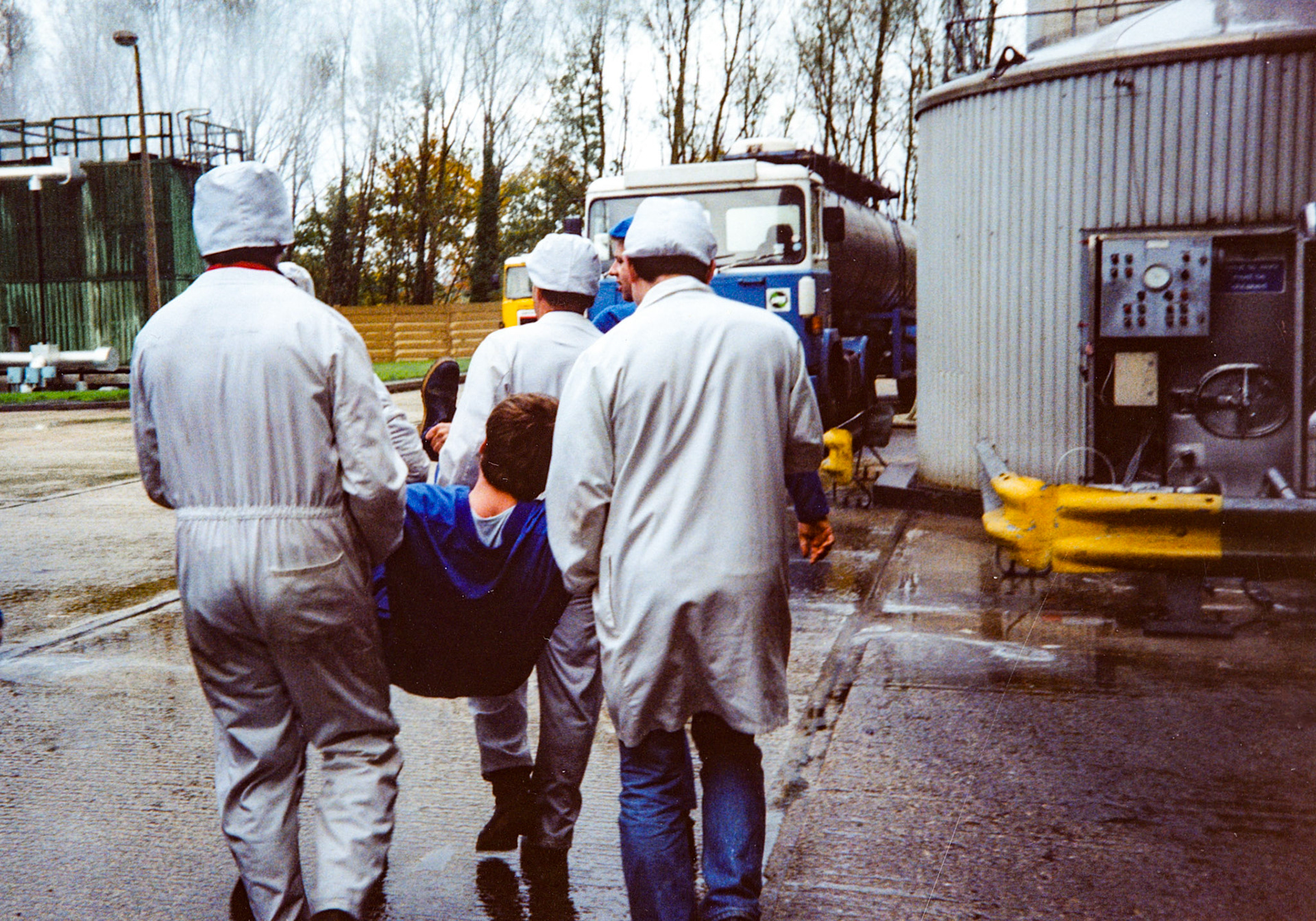 1991 Honiton, November, following closure announcement: 'Out the bank goes Steve Lapping' with Dave Keyward, Pete Toogood and Steve Gerry (Courtesy Wendy Hawker