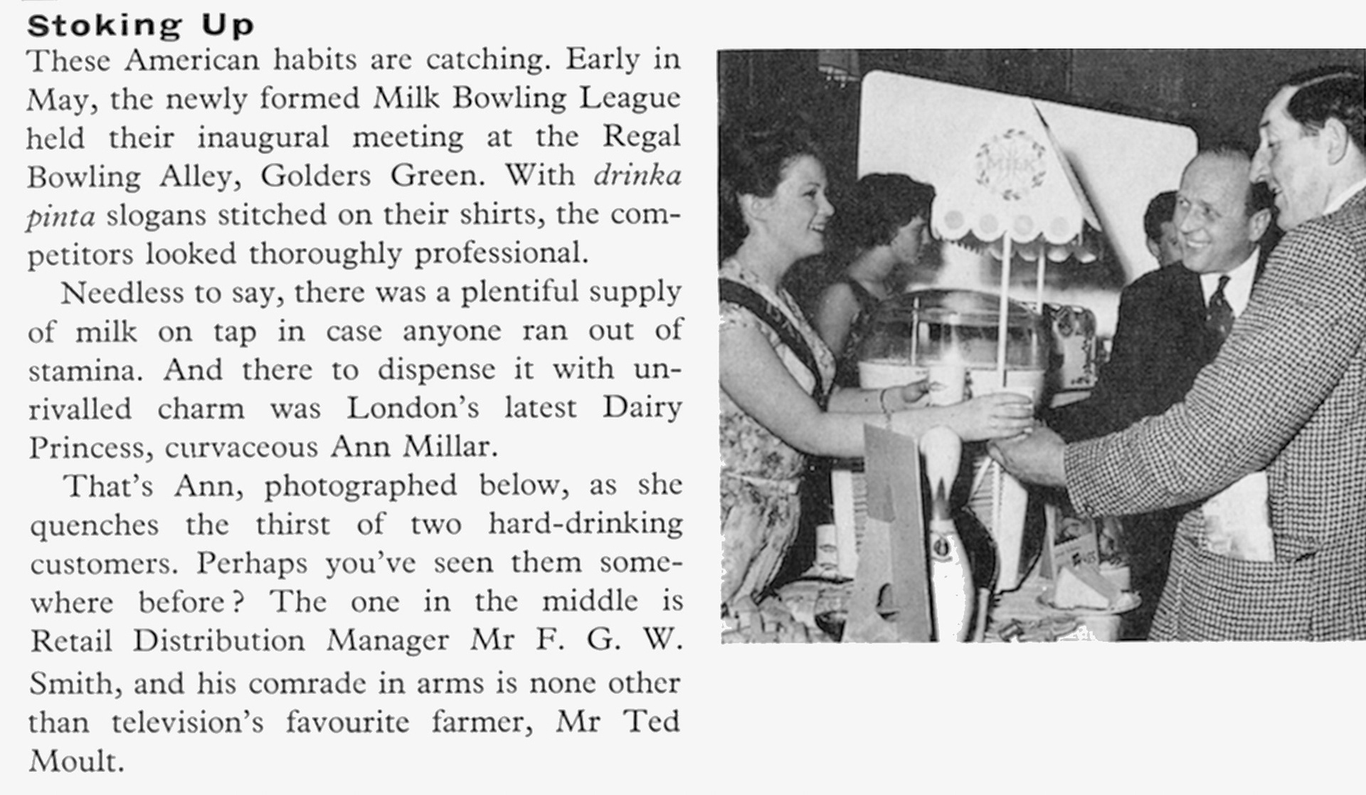 1961 Milk Bowling League meeting at Golders Green, with Dairy Princess Ann Millar with Mr F.G.W. Smith (Retail Distribution Manager) and TV personality Ted Moult. (Express News Summer)