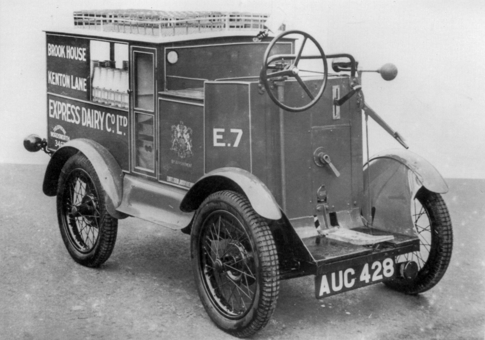 1920's? Brook House, Kenton Lane-Very early electric float E7, AUC 428. Depot probably near Brazier's Farm. (Courtesy Michael Aldread)