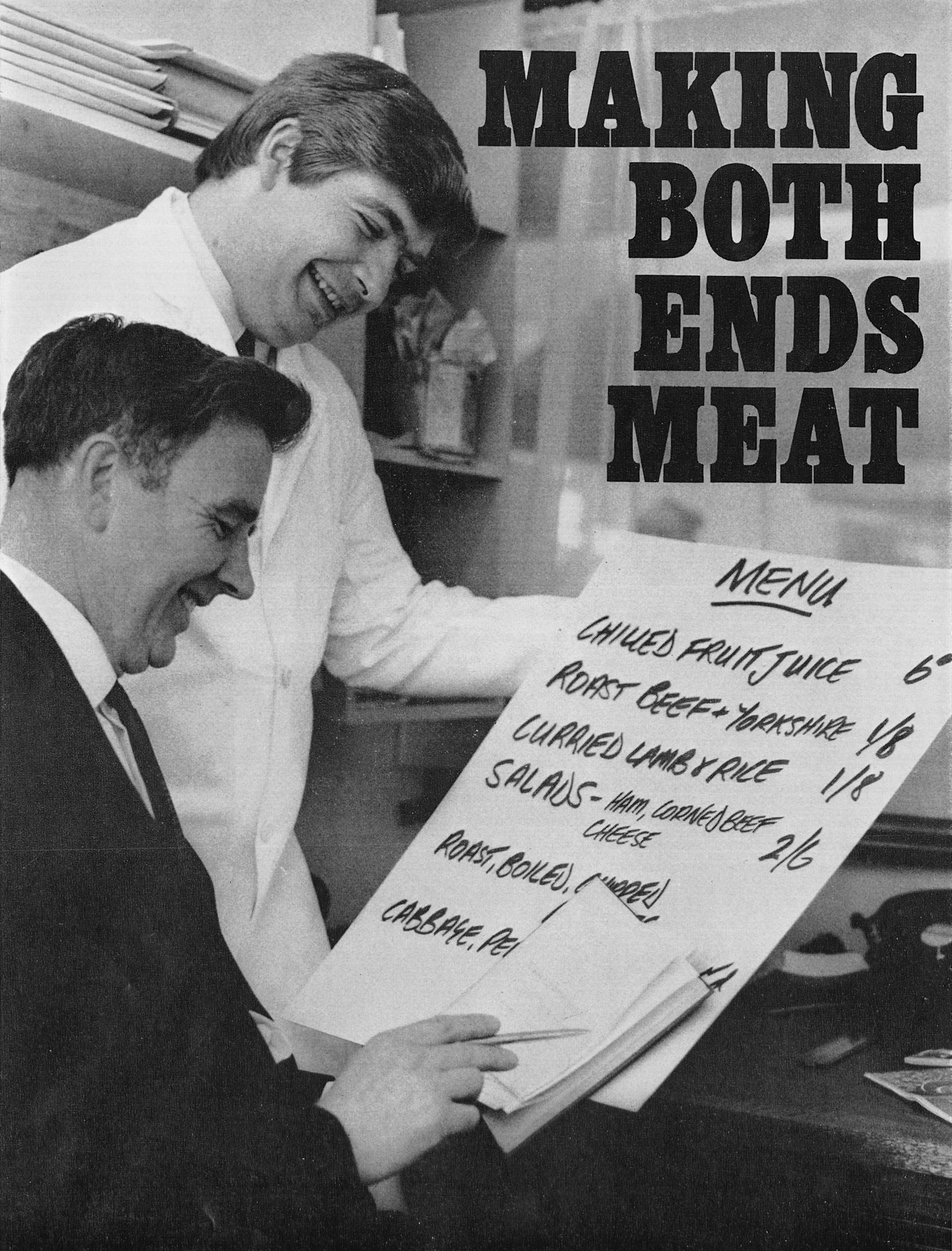 1970 Harry Mordan takes over as Canteen Superintendant from Frank Burch. Pictured here with John Fordham, Ruislip Catering Manager. (Express News Autumn)