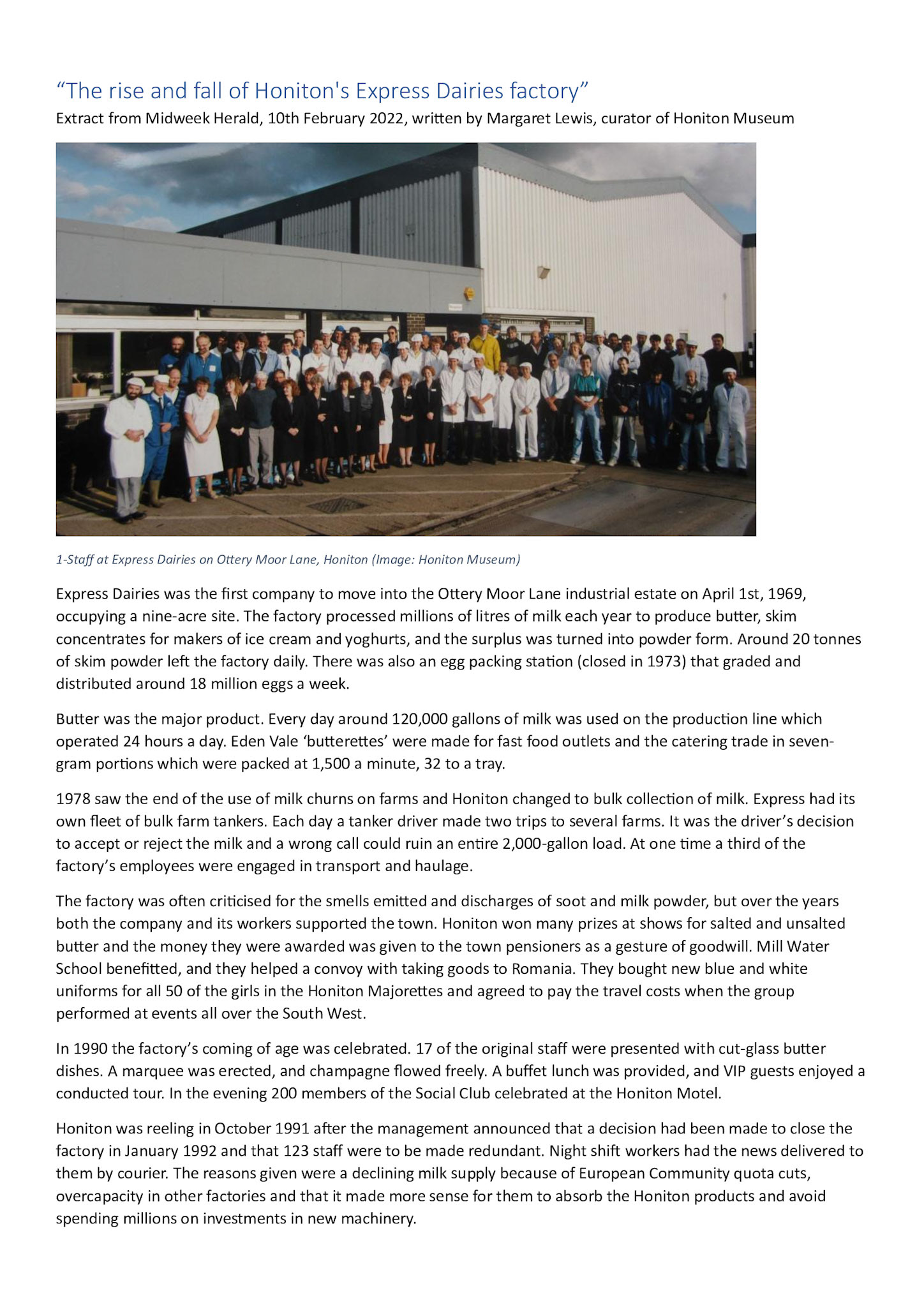 2022 'The Rise &amp; Fall of Honiton's Express Dairies Factory', written by Margaret Lewis, Curator of Honiton Museum, originally published in the Midweek Herald, 10th February 2022.