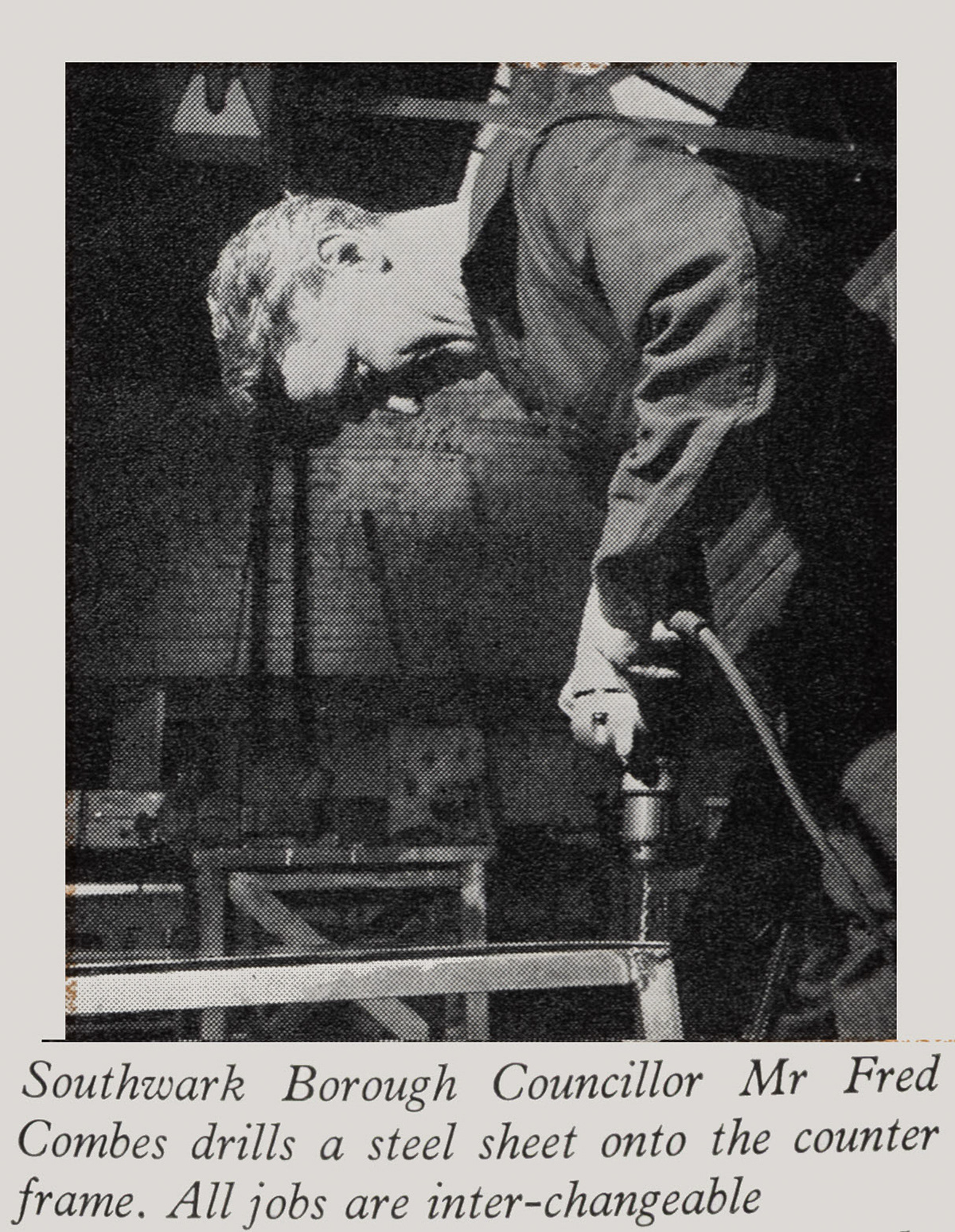1957 Camden Town Engineering Department-visit to the Sheet Metal Dept-Mr Fred Coombes, also Southwark Councillor. (Express News Autumn)