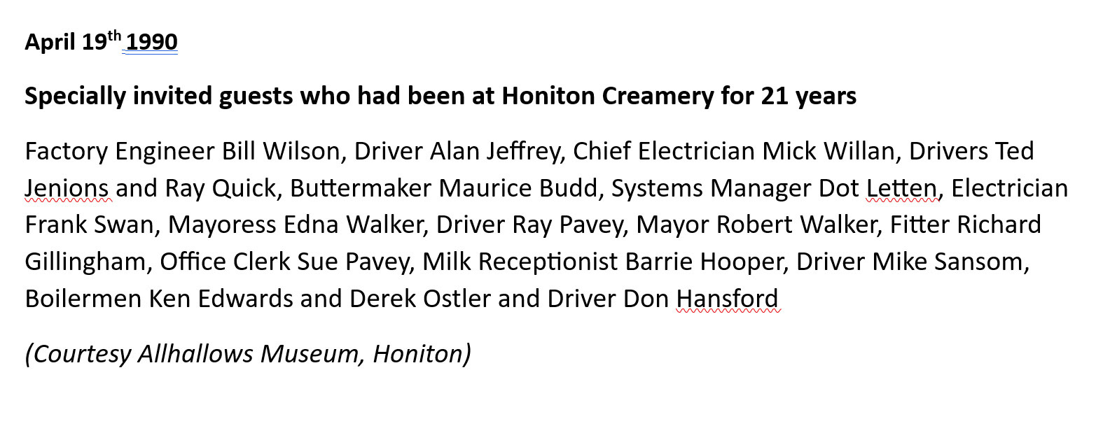 1990, April 19th-specially invited guests - list of names. Bert Moon comments "My uncle was shop steward, Paul Verschoren"