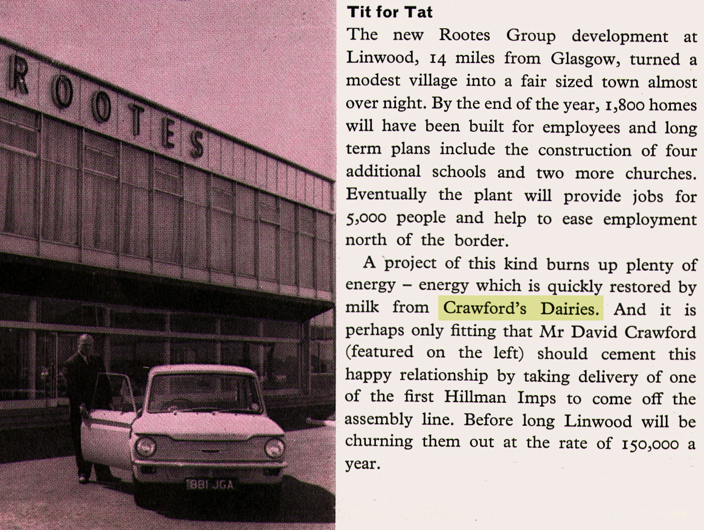 1963 David Crawford of Crawford's Dairies collects his new Hillman Imp from the Linwood factory, Glasgow. (Express News Autumn)
