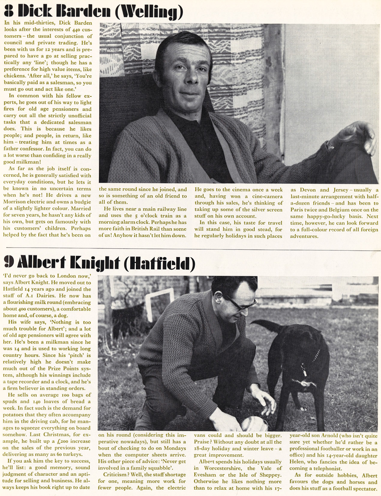 1969 Profile of nine top milkmen in London - Dick Barden (Welling), Albert Knight (Hatfield)