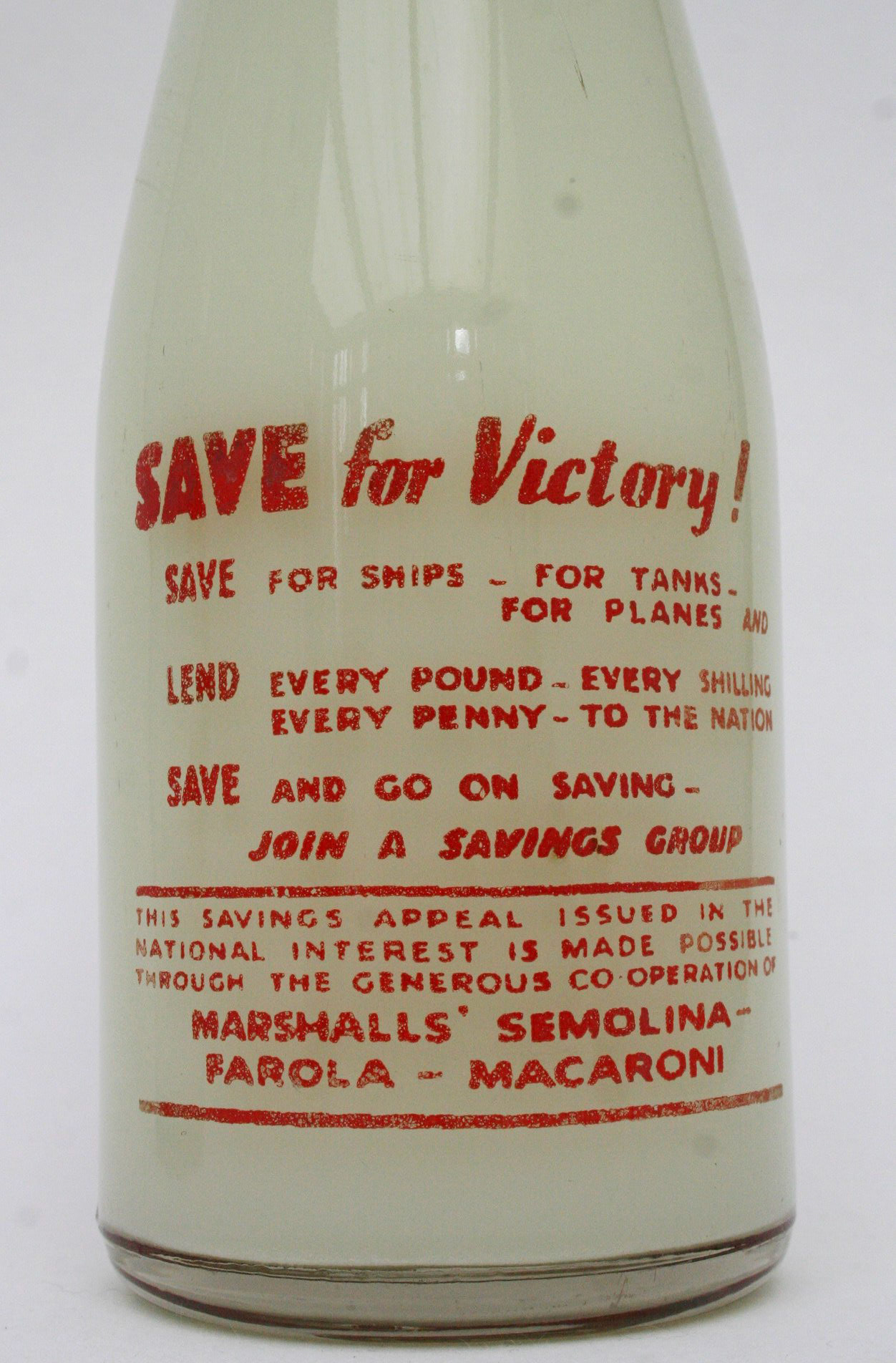 1940's Sloan's wideneck bottle sealed with a waxed cardboard disc insert. No embossing and on the reverse side to the message is printed the Glasgow dairy 'Sloan's' along with a logo comprising of a girl riding a milk bottle. (Courtesy Mark Hudson)