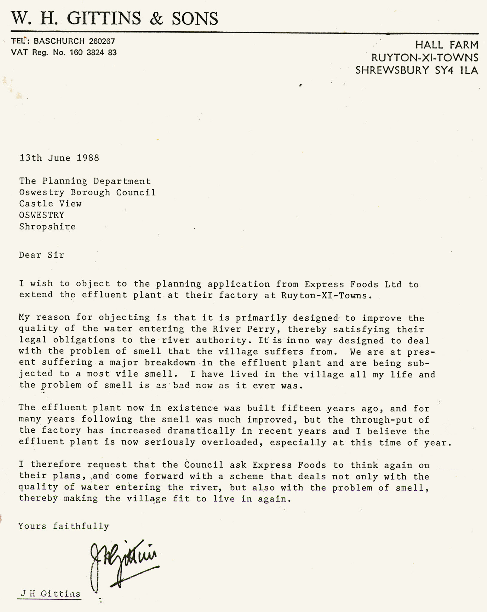 1988 letter from J.H. Gittins of Hall Farm, objecting to the planning application from Express Foods for an extension to the effluent plant. (Ruyton Co-operative Dairies Archive)