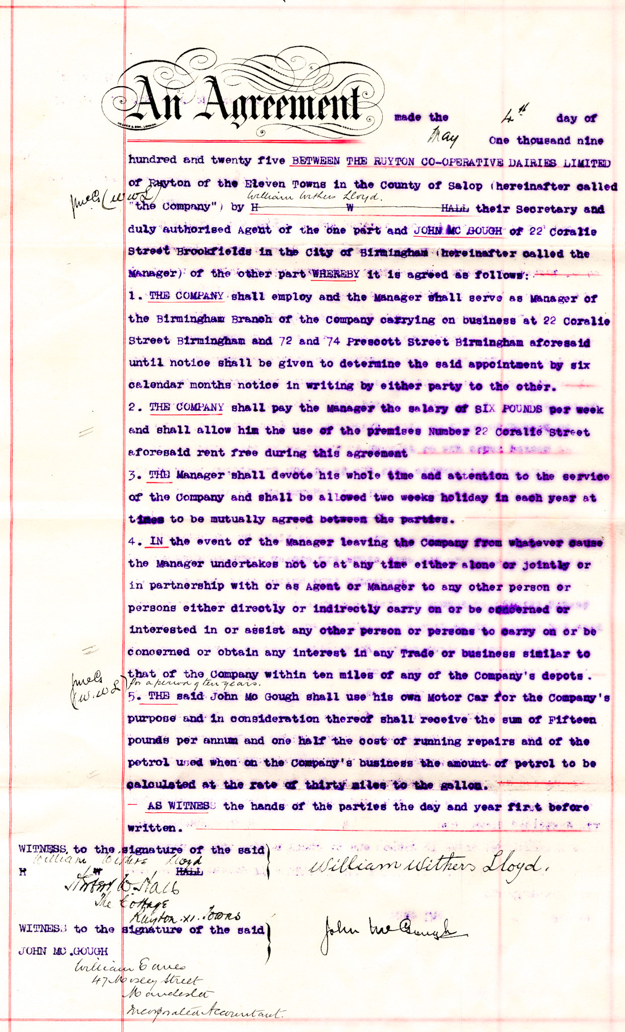 1925 Contract between Ruyton Co-operative Dairies Limited and Mr John McGough, 22 Coralie Street, Birmingham to manage the Birmingham branches at Coralie Street and Prescott Street. Mr McGough would be paid £6/ week including rent-free use of Coralie Street premises, but provide his own car for an annual payment of £15 plus half the rapairs and fuel.