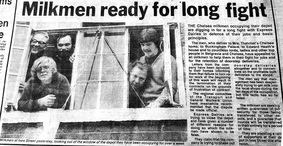 1983, January. Chelsea Depot at Ives Street - milkmen locked themselves in the depot to strike against depot closure. Eamonn Fay adds "Bobby Boothman hanging out the window..." (Courtesy Atul Shah)