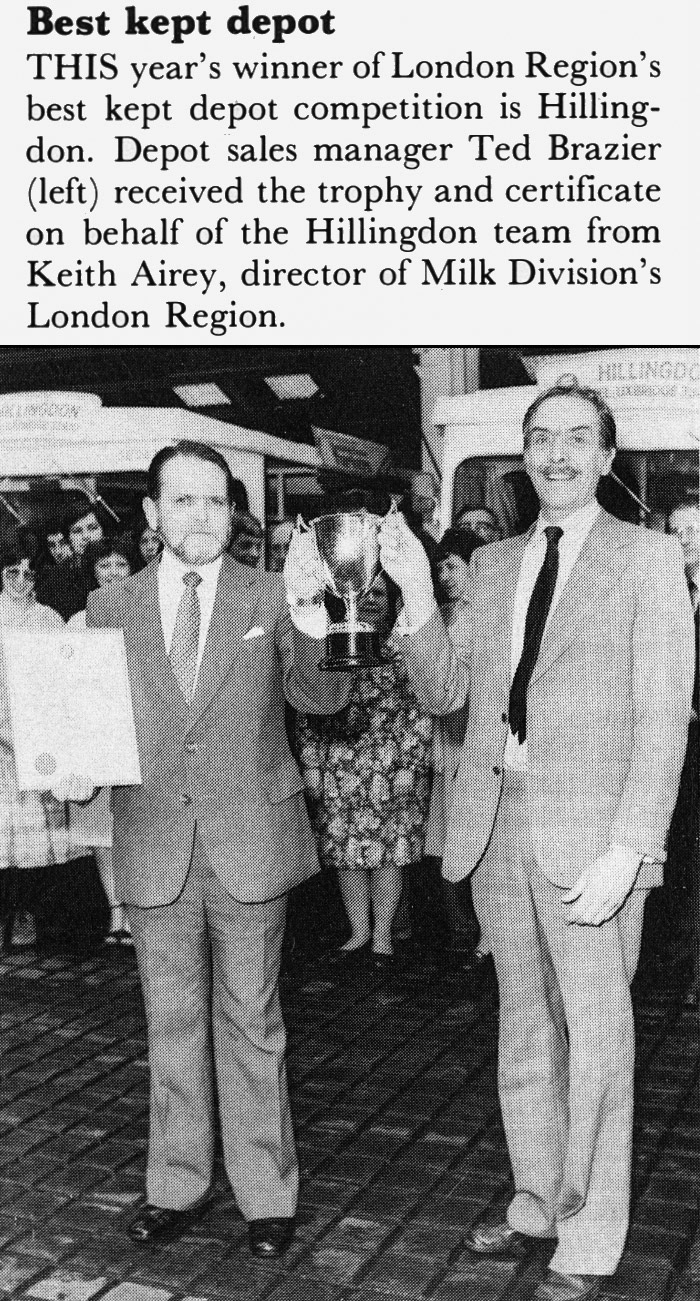 1981 Hillingdon manager Ted Brazier is awarded the Best Kept Depot by Keith Airey. (Express News July)