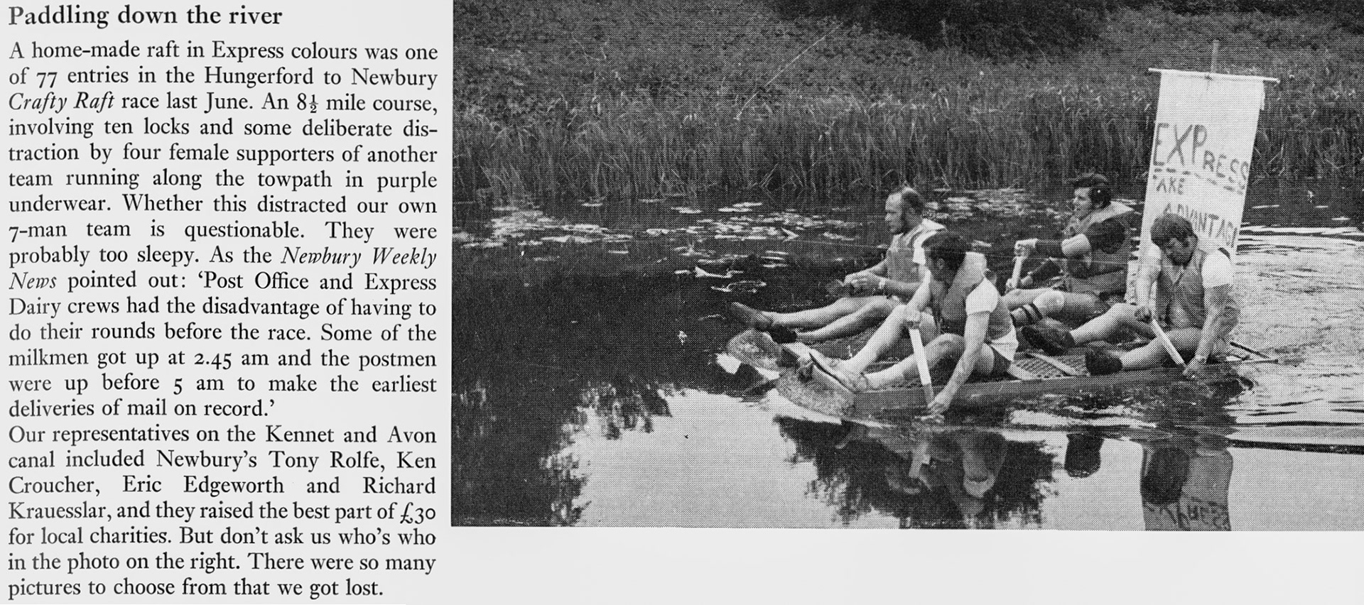 1972 Newbury milkmen on the Hungerford to Newbury charity race included Tony Rolfe, Ken Croucher, Eric Edgeworth and Richard Krauesslar. Chris Austen is on the stern, on the starboard side! (Express News Autumn)