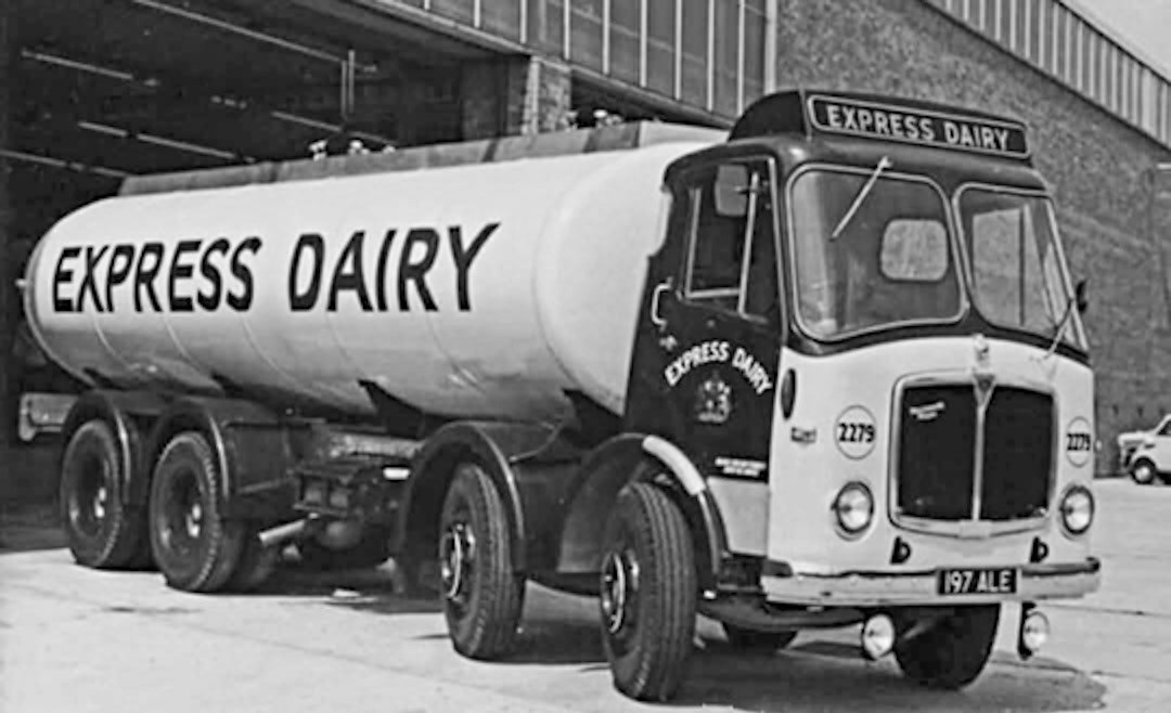 1960 Express Tanker 197 ALE, Fleet: 2279 Philip Boyd comments "Looks like tanker leaving workshop at Ruislip." Terry R Mason adds "Used to work on these back in the '60's, good workhorses." (Courtesy Express Dairy Memories)