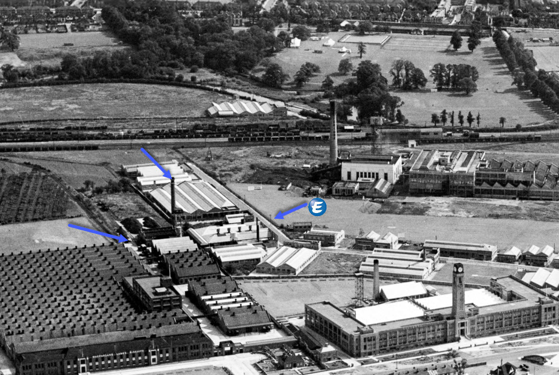 1938-12 September. "The Gillette Factory, Imperial Biscuit Works and Great West Road, Osterley" showing location of Express Processing plant, arrowed. (Courtesy Historic England, Aerofilms Collection-EAW059345)