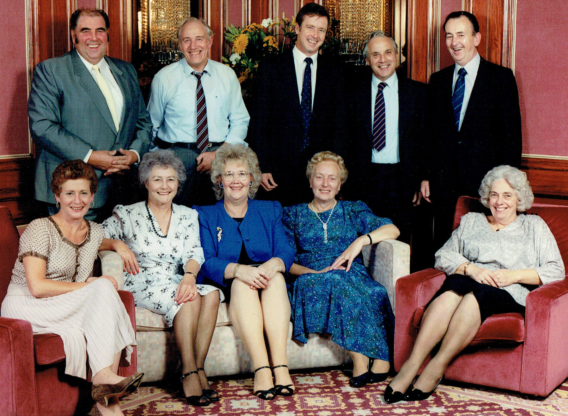 1990's Front Row: Jackie Chapman, Joyce Bennett, Shirley Whittingham, N/K, N/K partner? Back Row: Partner, Partner, Peter Chapman, N/K, N/K partner?. (Picture courtesy of Peter Chapman)