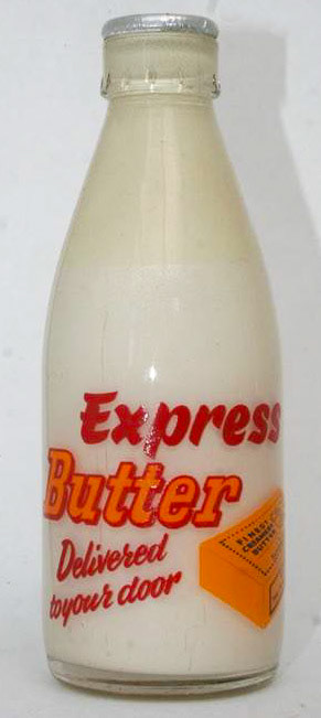 1950's enamelled promotional pint bottle. Paul Smith comments "There are at least three different butter advert bottles." (Courtesy Richard Gaylard)