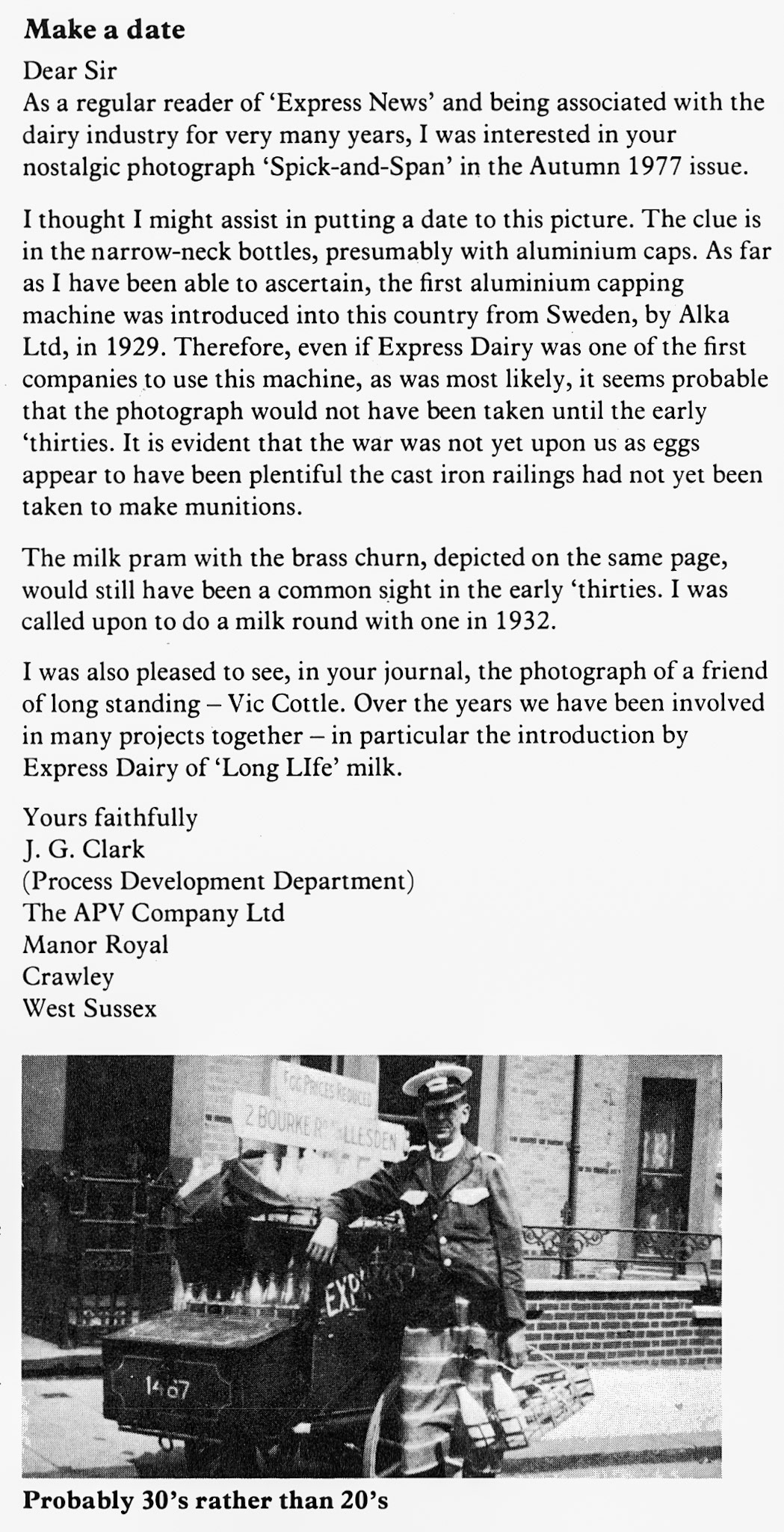 1930's J.G. Clark dates hand-cart image to the 1930's. (Express News Spring 1978)