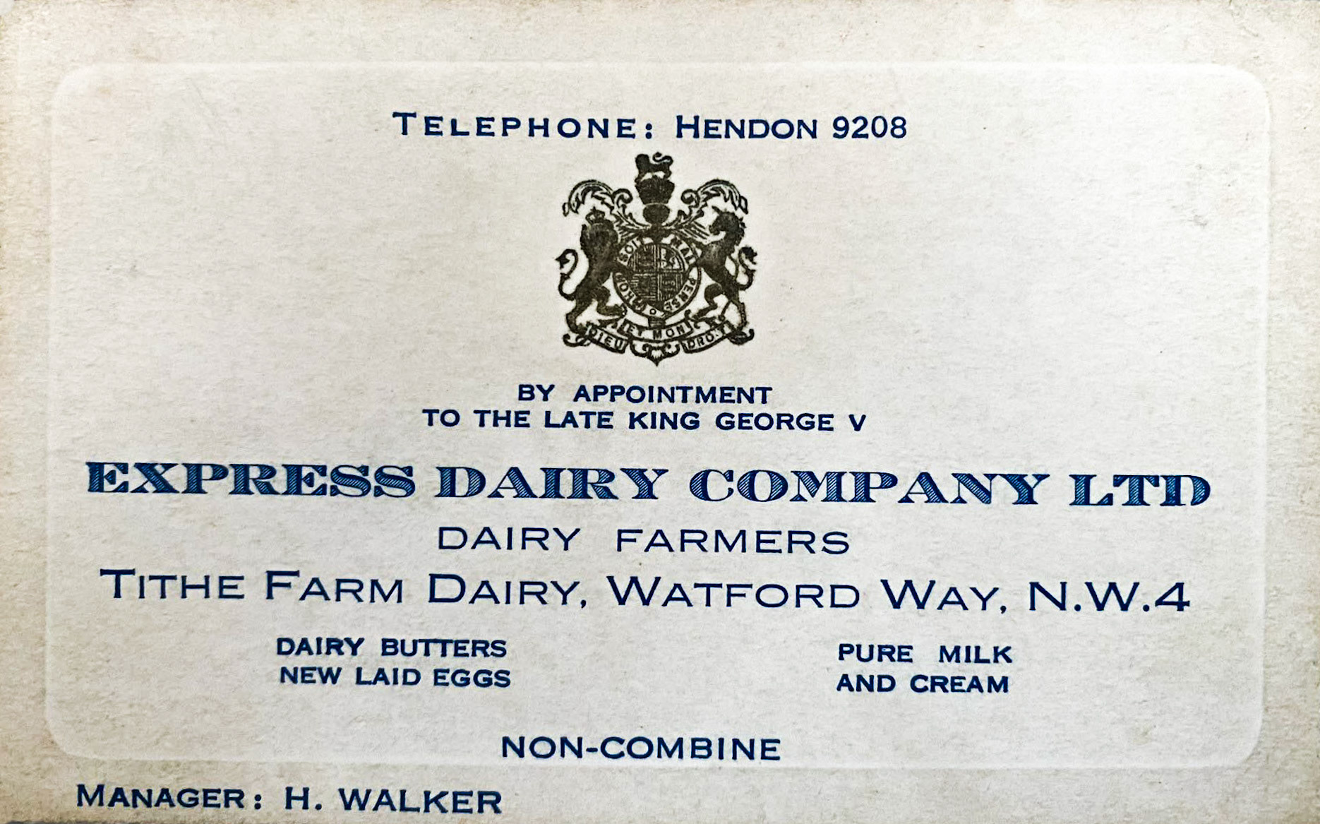 1936, Tithe Farm. Jean Walker comments "My grandfather was Tithe Farm dairy manager in the 1930-40's; the family moved from Watford Way to Cork in 1949. My Dad has given me this card to send to you - I guess the ‘Late King George V’ dates it to 1936 before Edward VIII ascended the throne. My aunt also remembers a white horse called Mick that she was allowed to mind. (Courtesy Jean Walker)